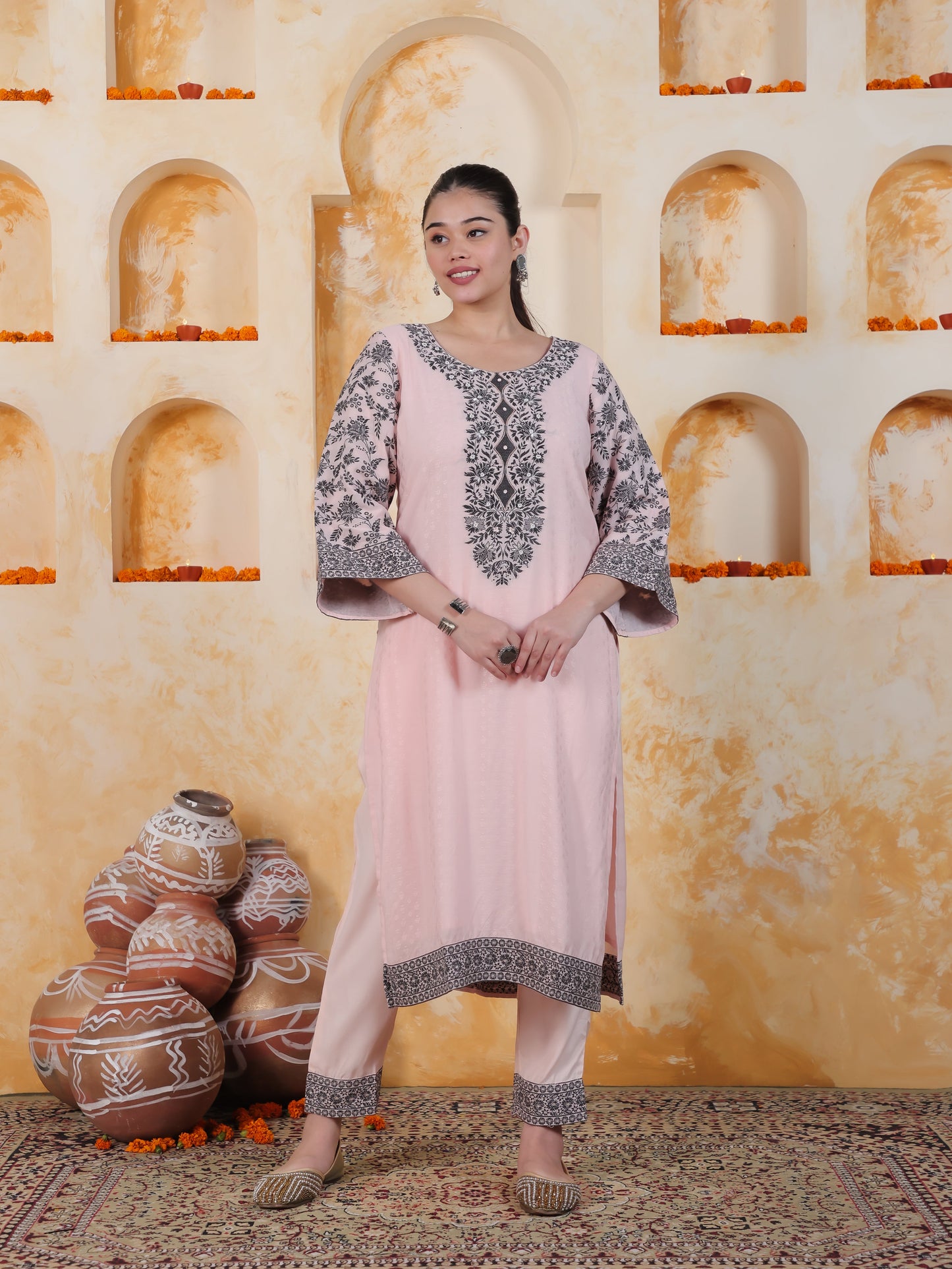 Beads & Stones Ivory Placement Print Cotton Dobby Straight Kurta