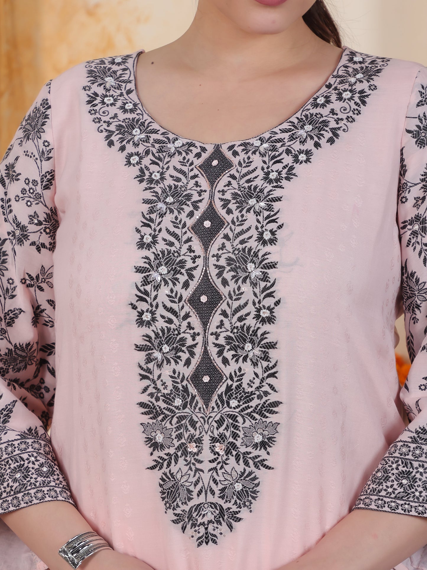 Beads & Stones Ivory Placement Print Cotton Dobby Straight Kurta