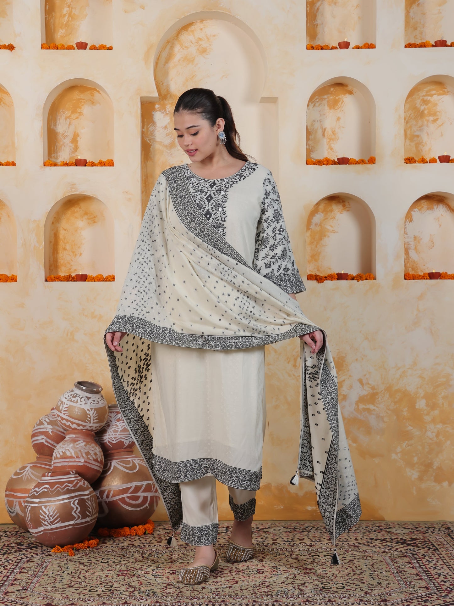 Beads & Stones Ivory Placement Print Cotton Dobby Straight Kurta