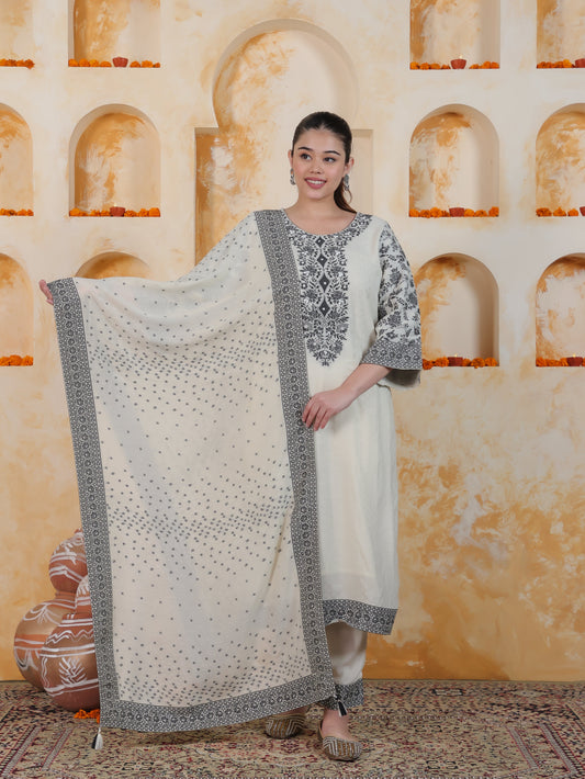 Beads & Stones Ivory Placement Print Cotton Dobby Straight Kurta