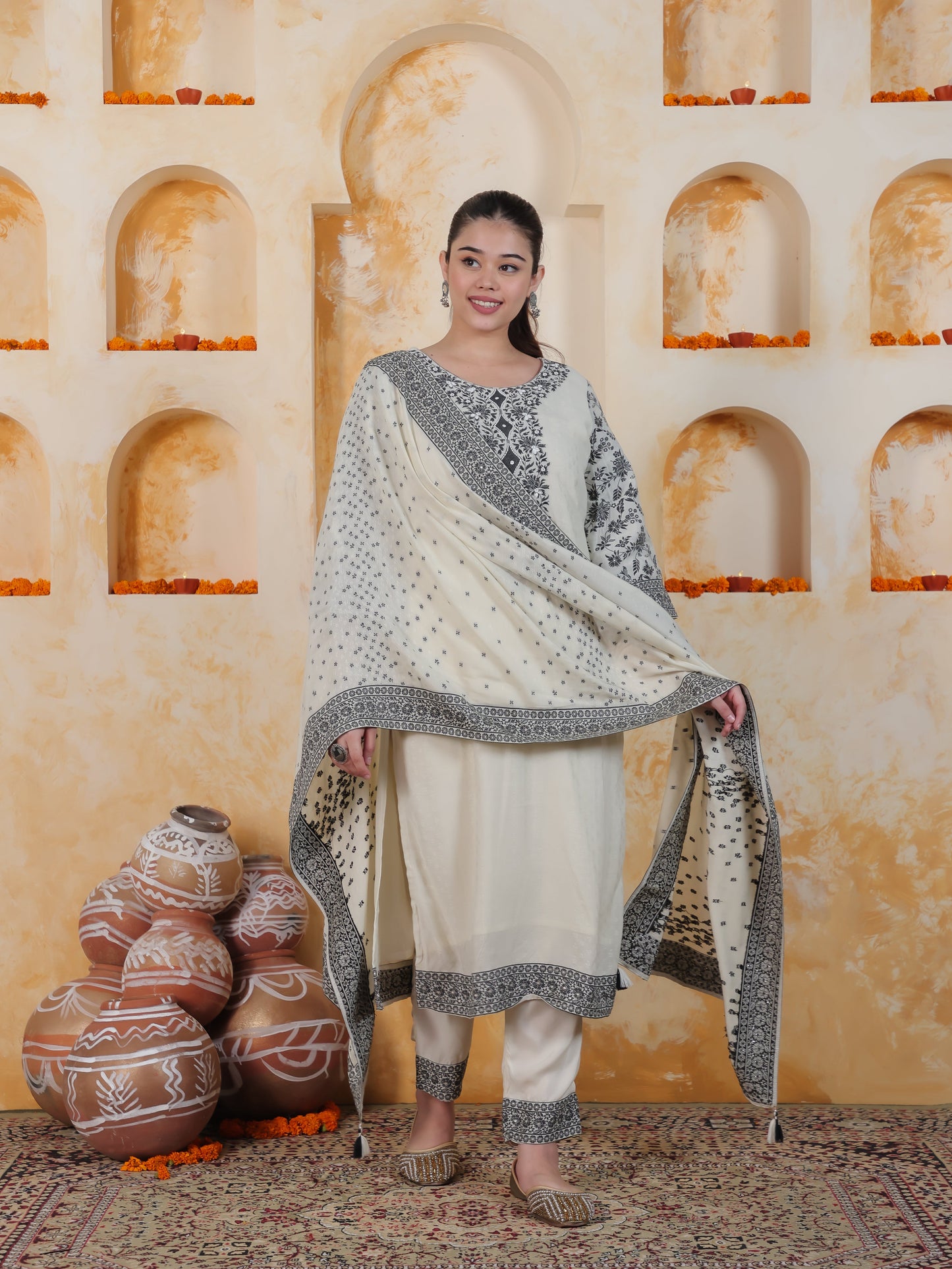 Beads & Stones Ivory Placement Print Cotton Dobby Straight Kurta