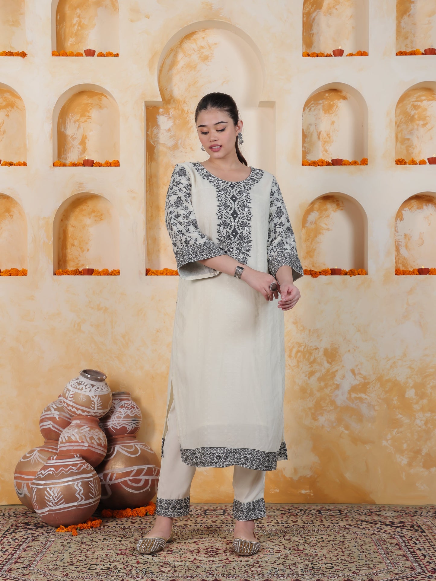 Beads & Stones Ivory Placement Print Cotton Dobby Straight Kurta