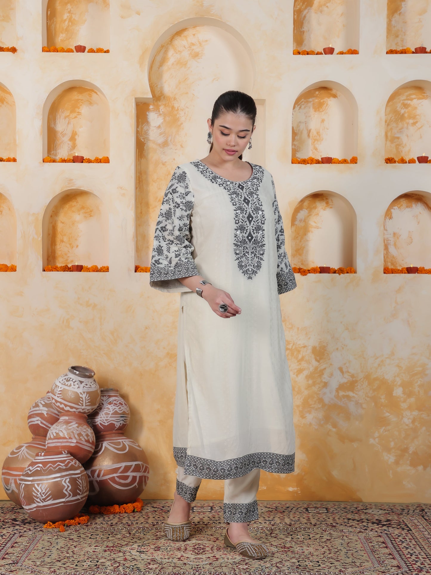 Beads & Stones Ivory Placement Print Cotton Dobby Straight Kurta