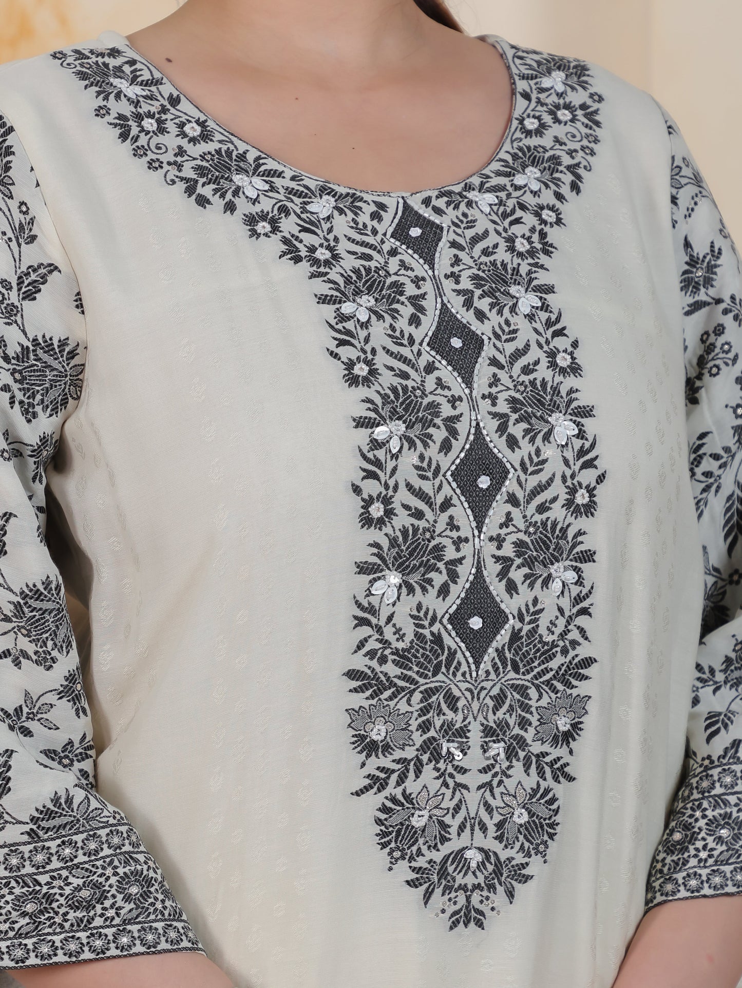Beads & Stones Ivory Placement Print Cotton Dobby Straight Kurta