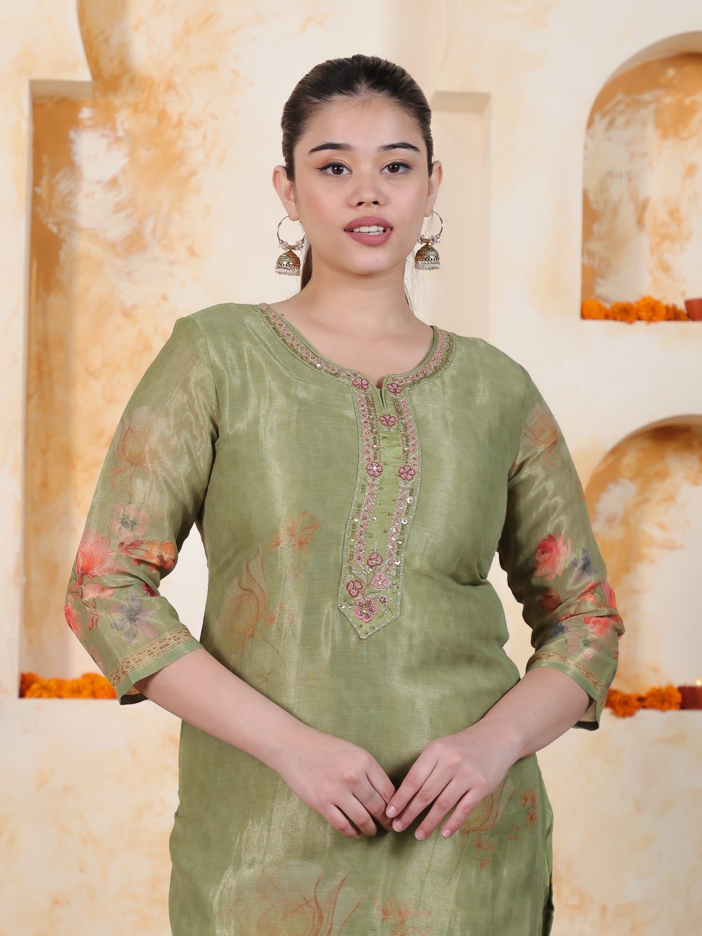 Embroidered Green Digital Organza Straight Kurta