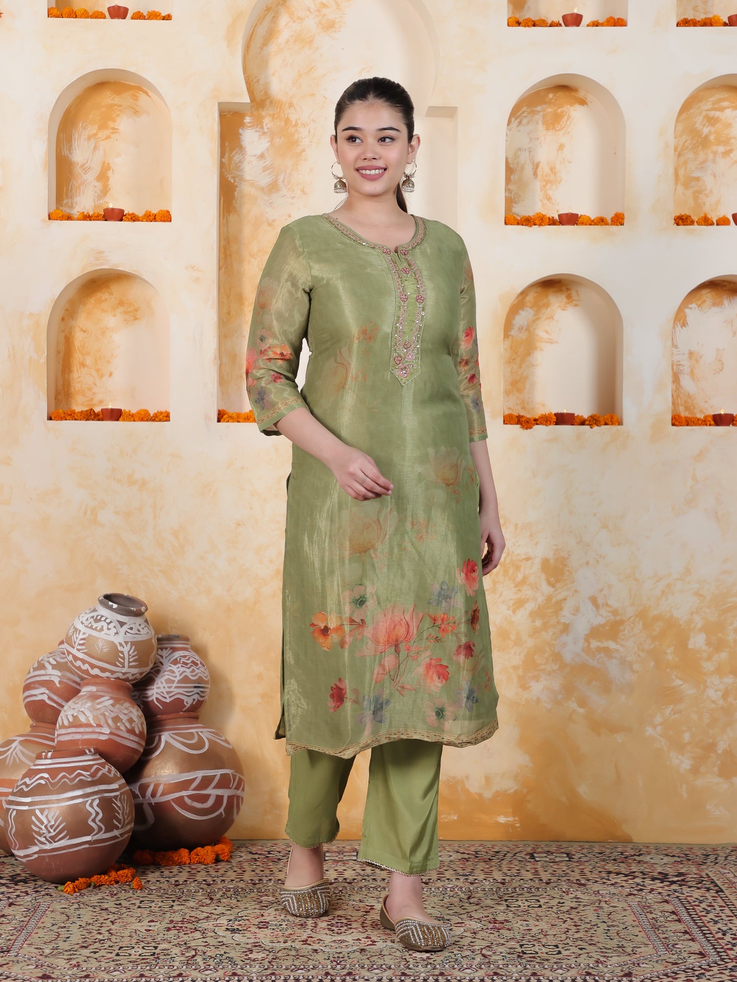 Embroidered Green Digital Organza Straight Kurta