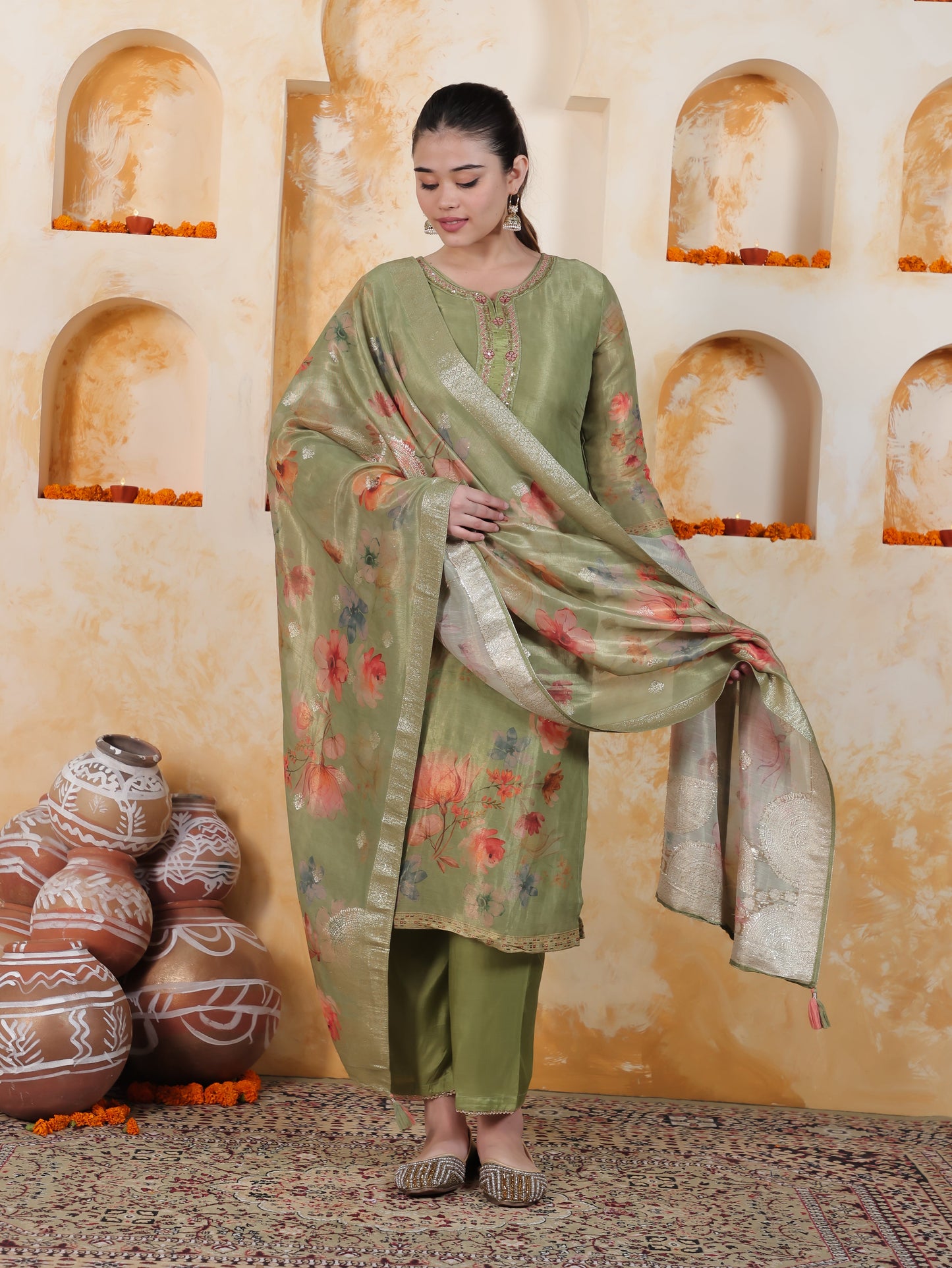 Embroidered Green Digital Organza Straight Kurta