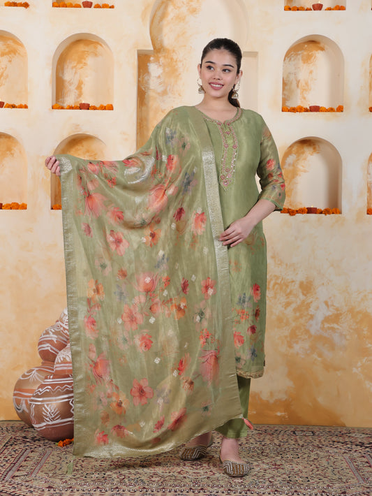Embroidered Green Digital Organza Straight Kurta