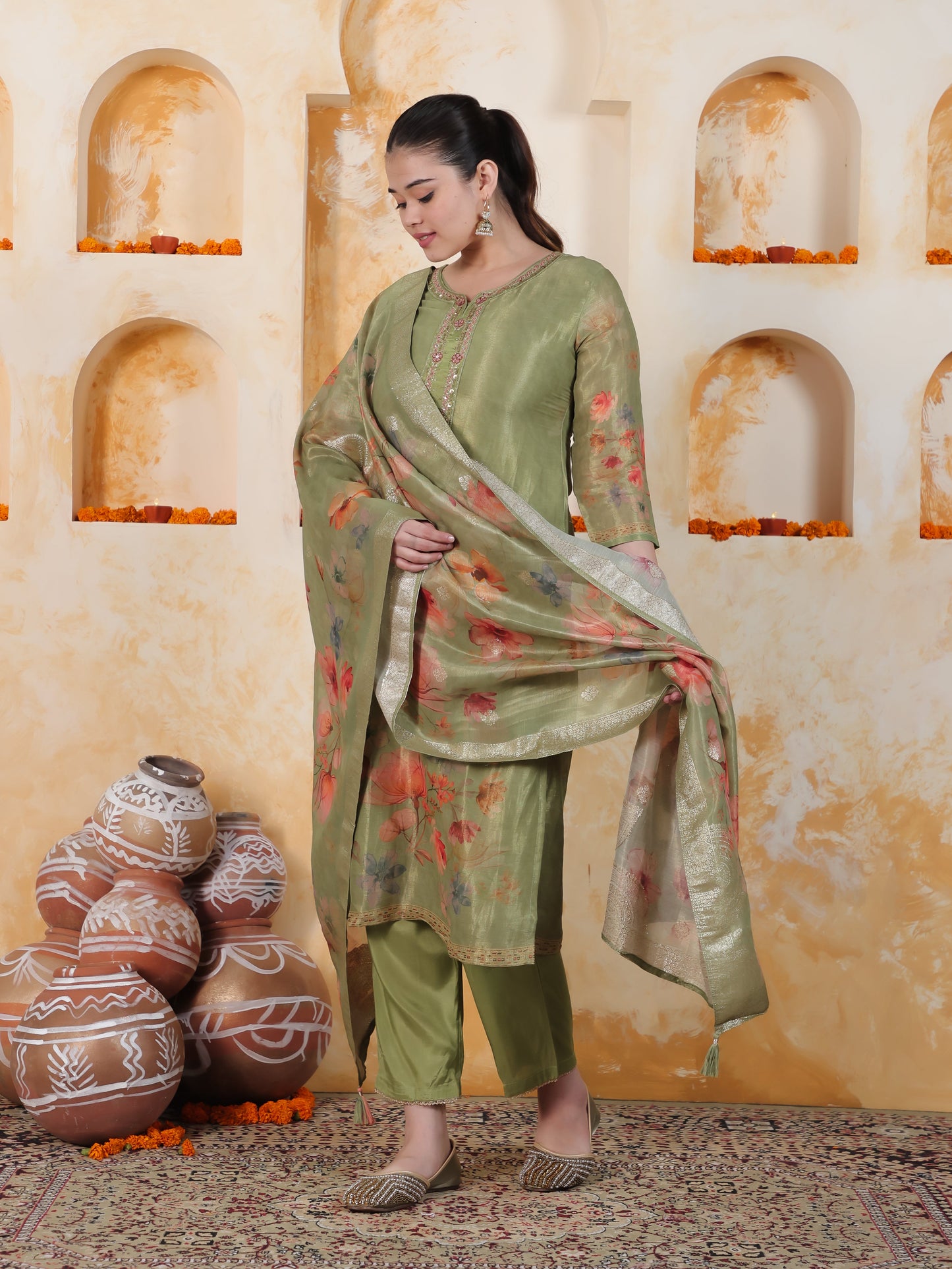 Embroidered Green Digital Organza Straight Kurta