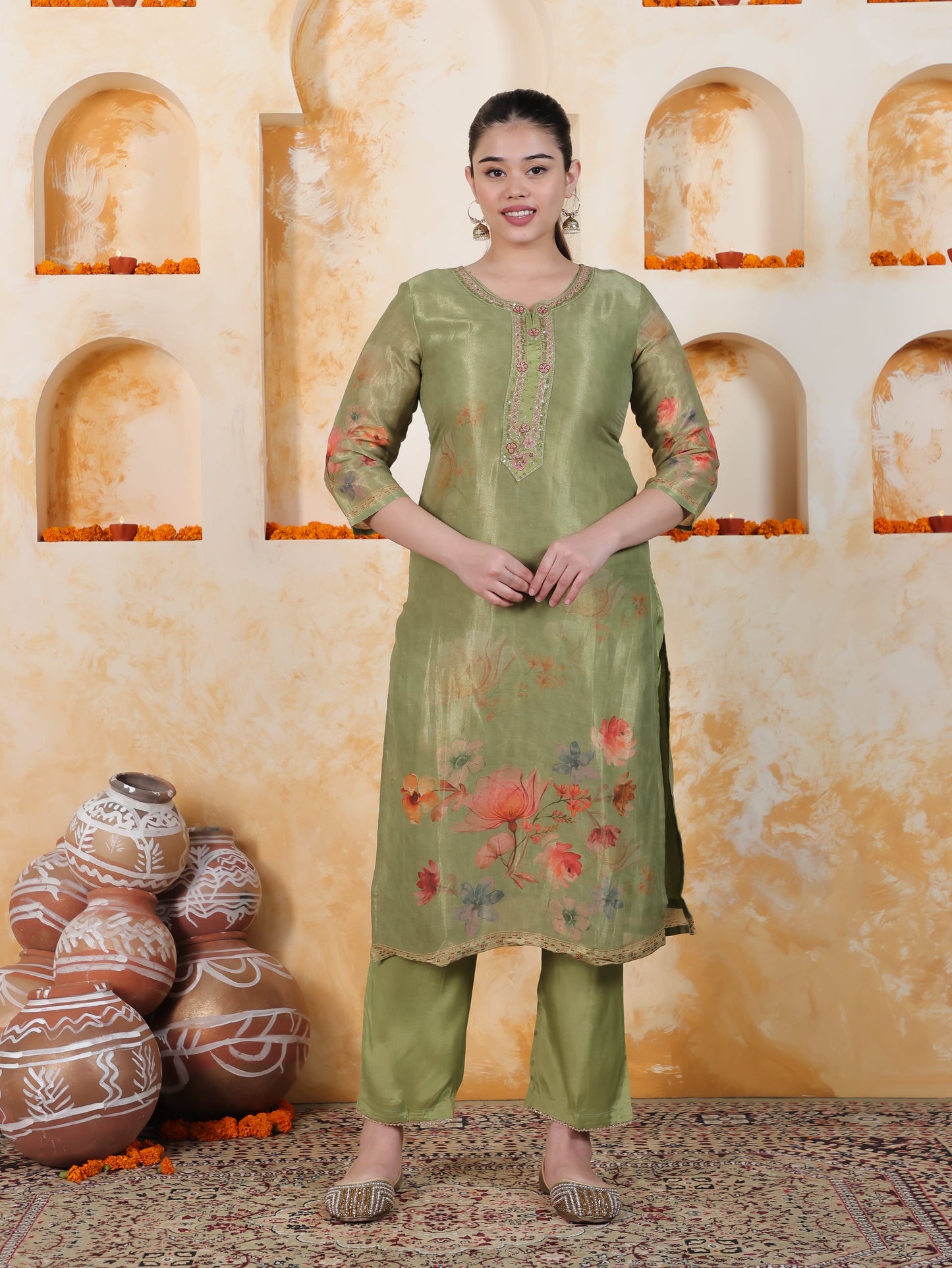 Embroidered Green Digital Organza Straight Kurta
