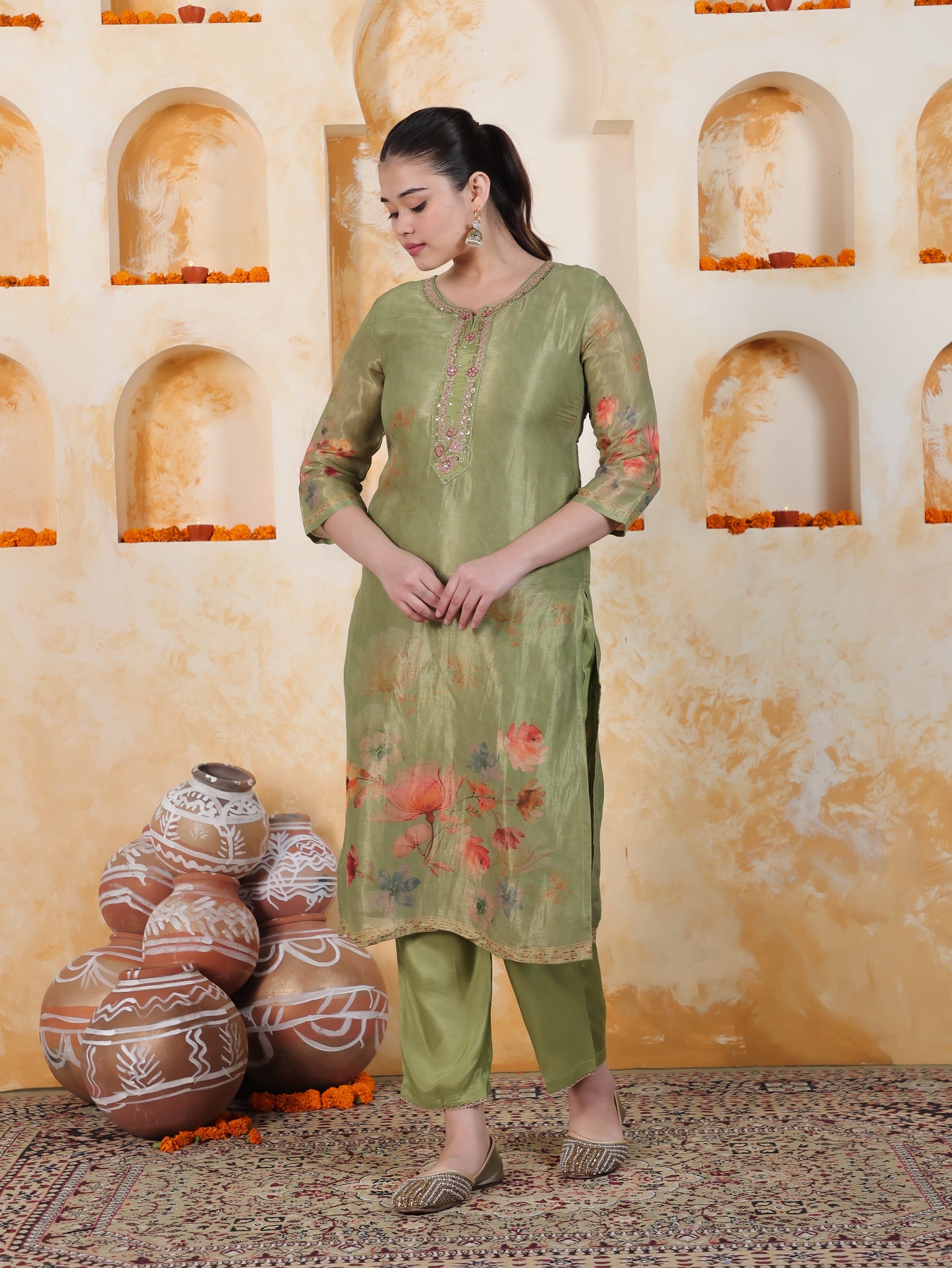 Embroidered Green Digital Organza Straight Kurta