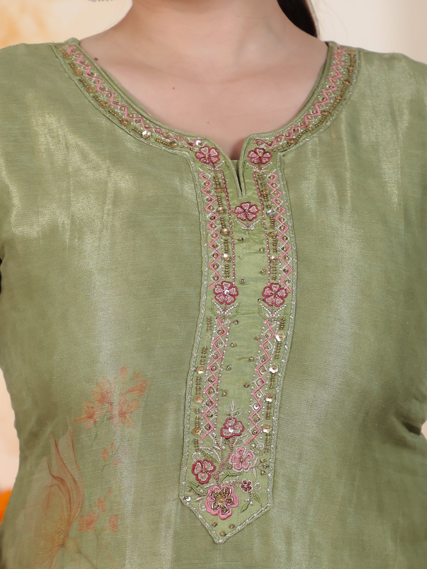 Embroidered Green Digital Organza Straight Kurta