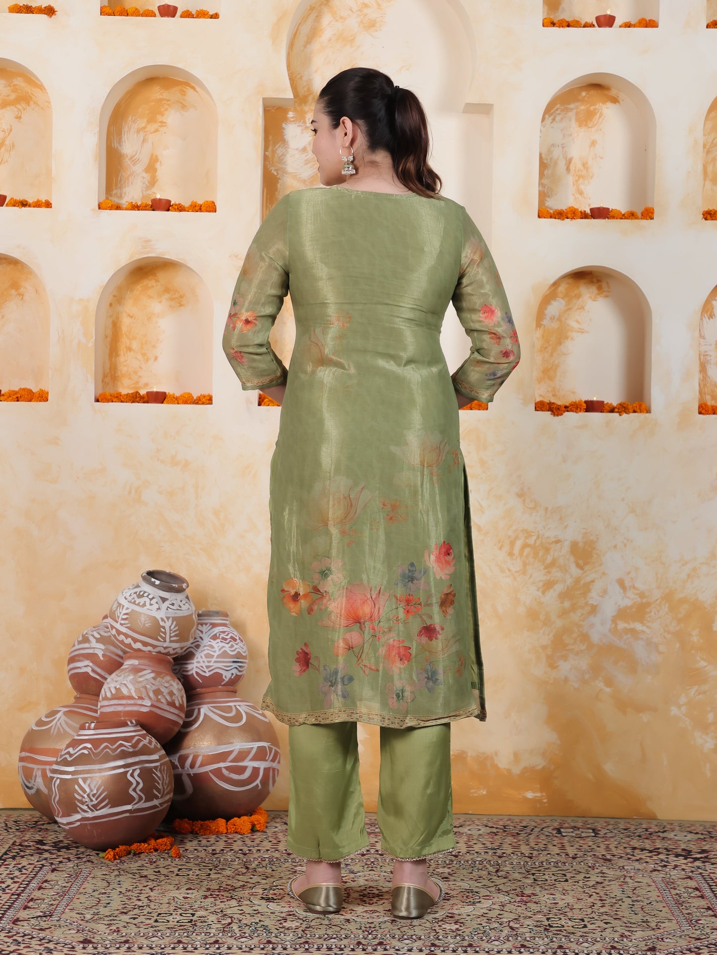 Embroidered Green Digital Organza Straight Kurta