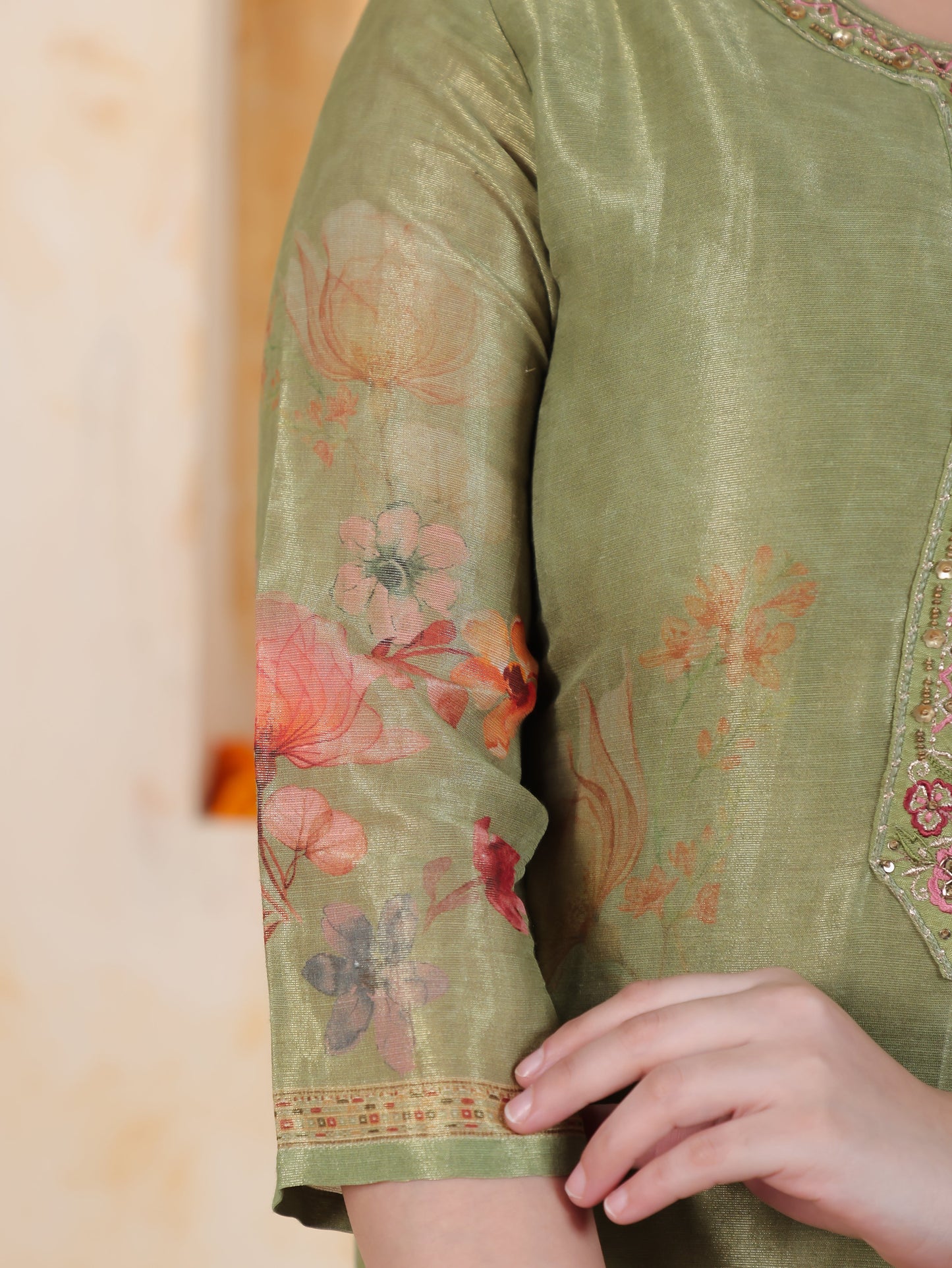 Embroidered Green Digital Organza Straight Kurta
