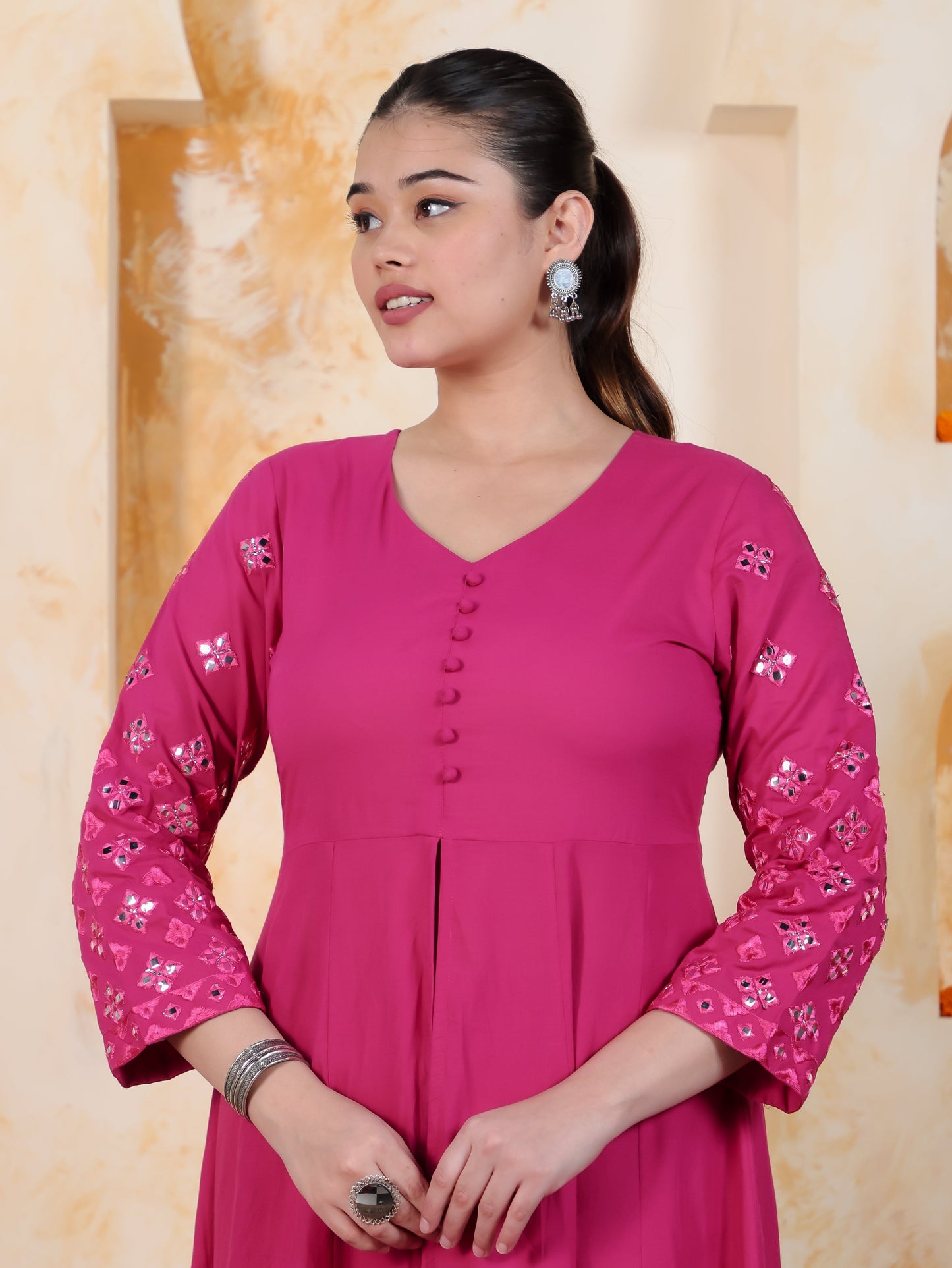 Mirror Work Pink Solid Natural Cotton Gown Kurta