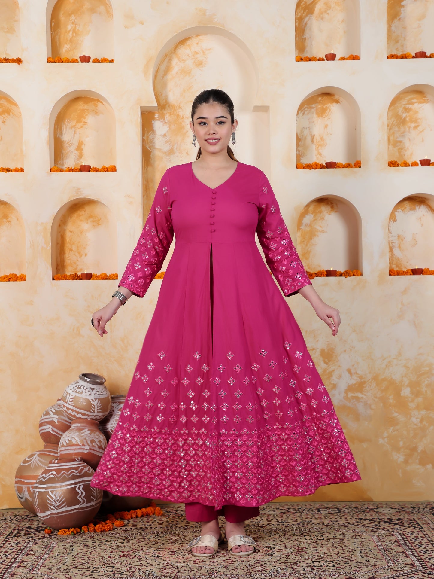 Mirror Work Pink Solid Natural Cotton Gown Kurta