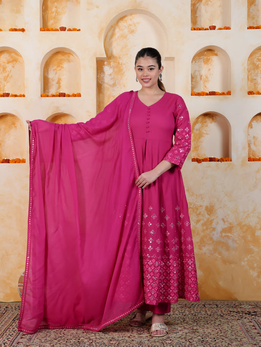Mirror Work Pink Solid Natural Cotton Gown Kurta