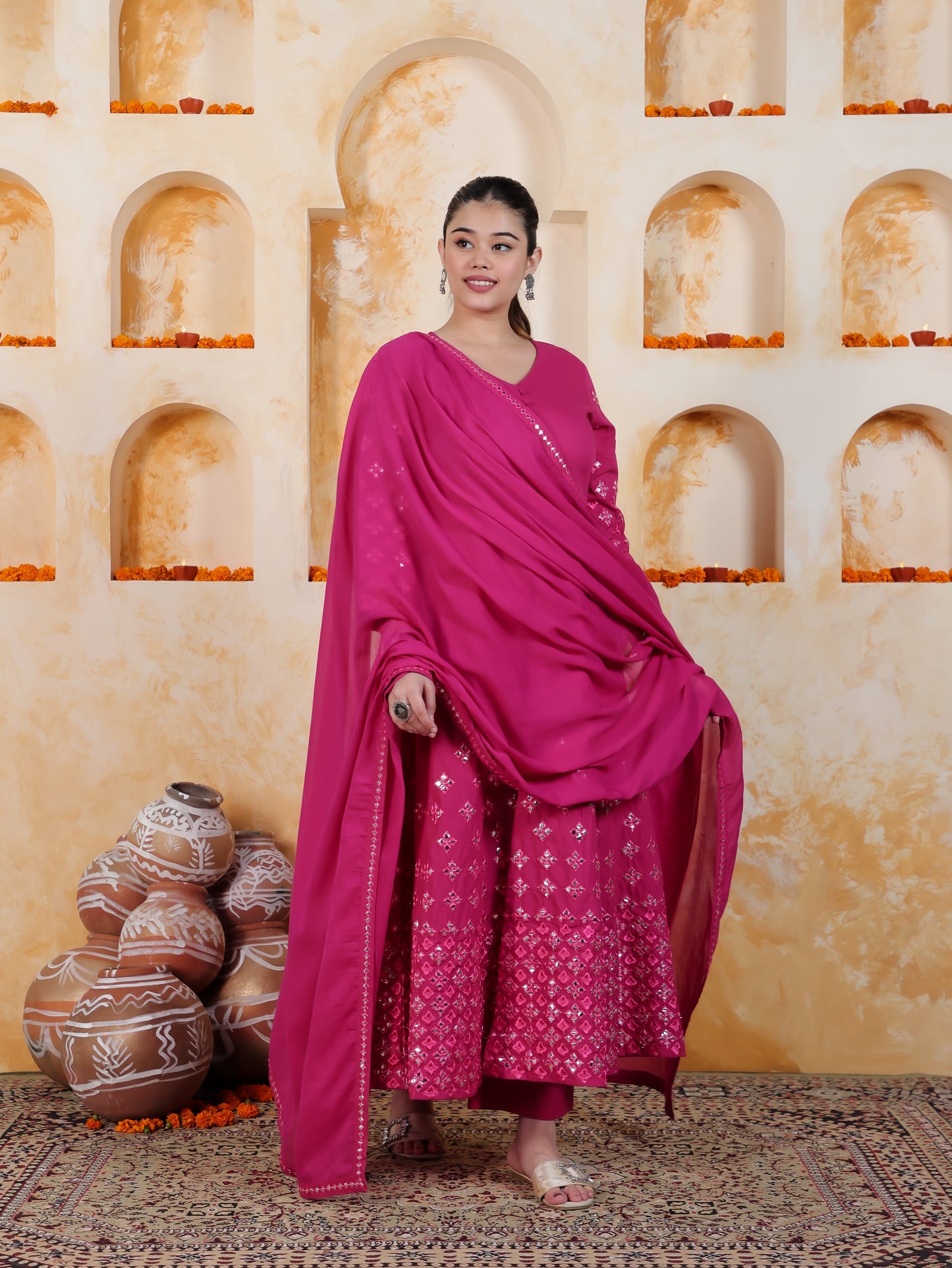 Mirror Work Pink Solid Natural Cotton Gown Kurta