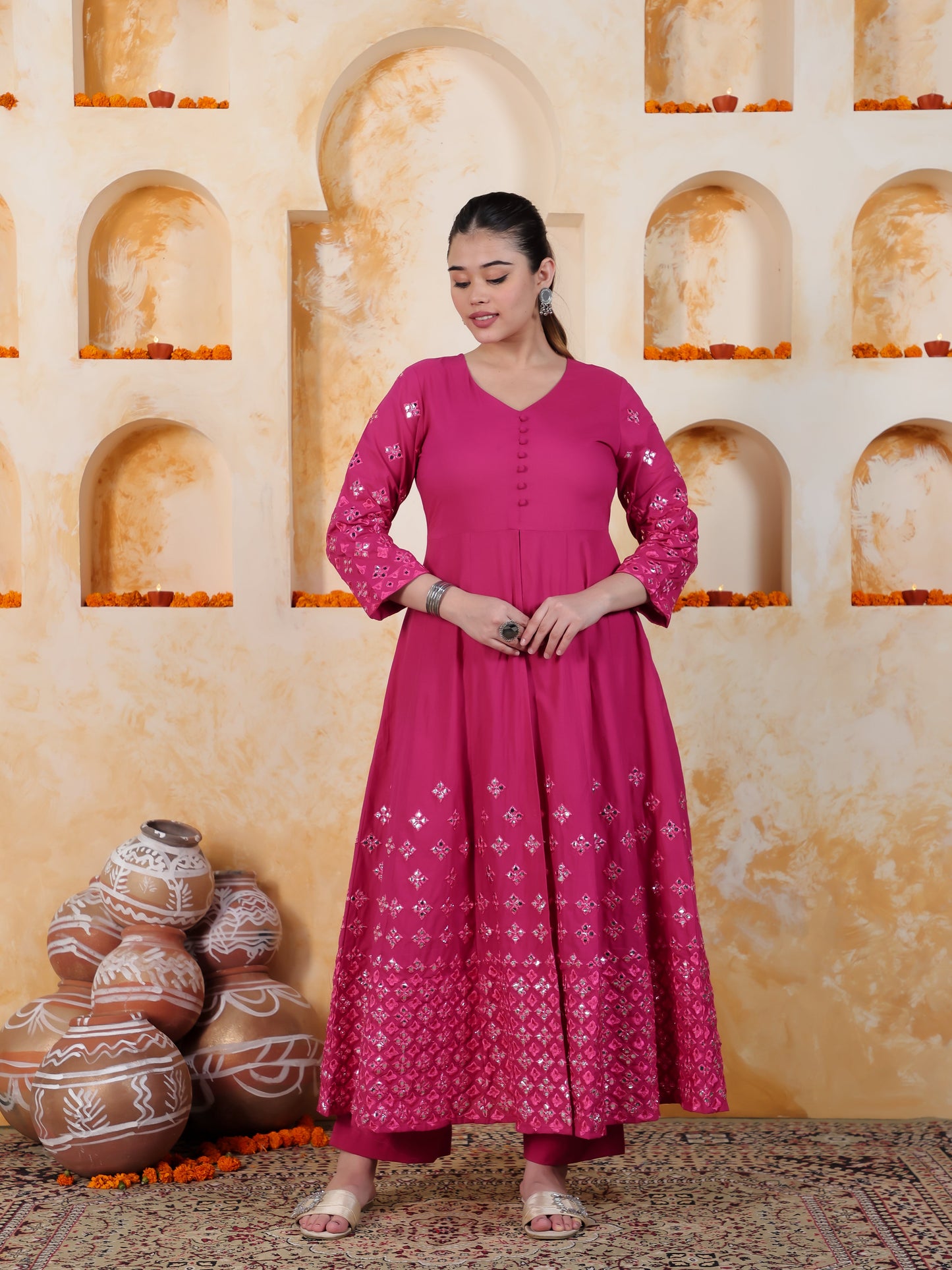 Mirror Work Pink Solid Natural Cotton Gown Kurta