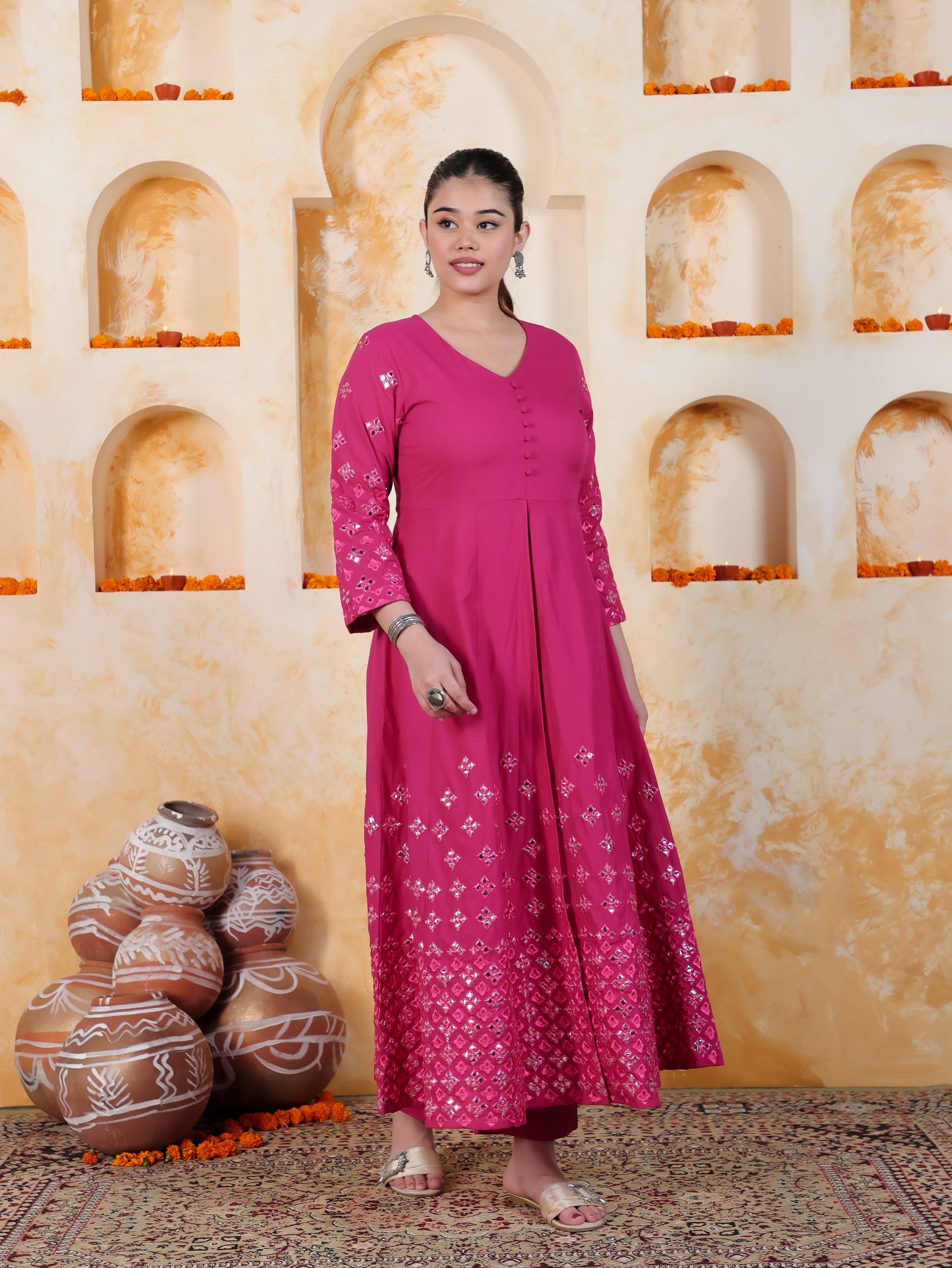 Mirror Work Pink Solid Natural Cotton Gown Kurta