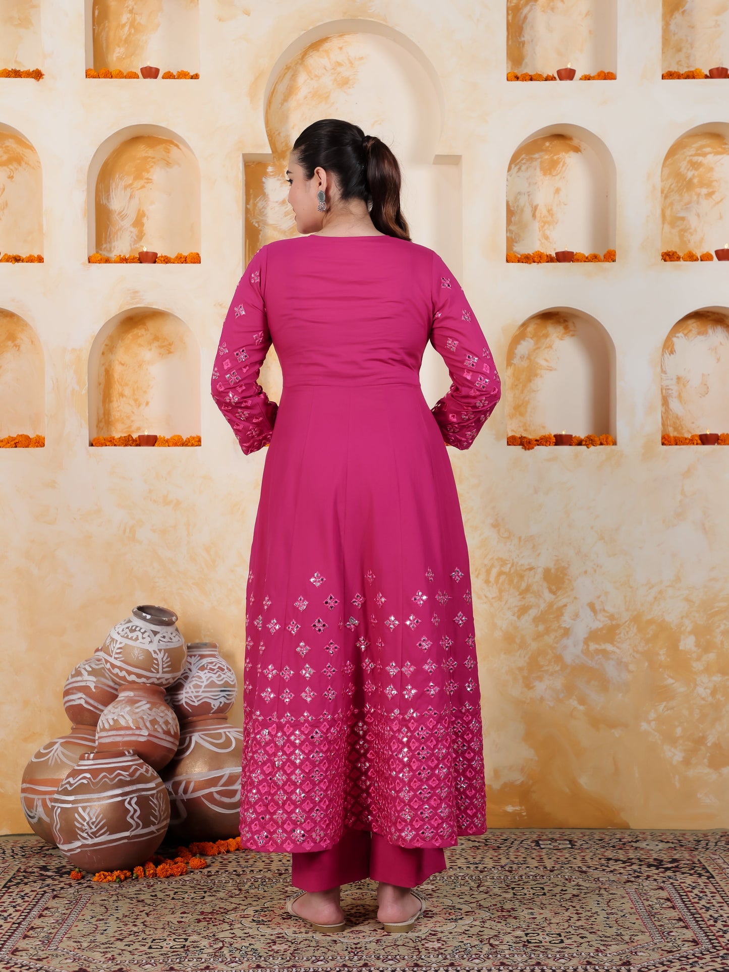 Mirror Work Pink Solid Natural Cotton Gown Kurta