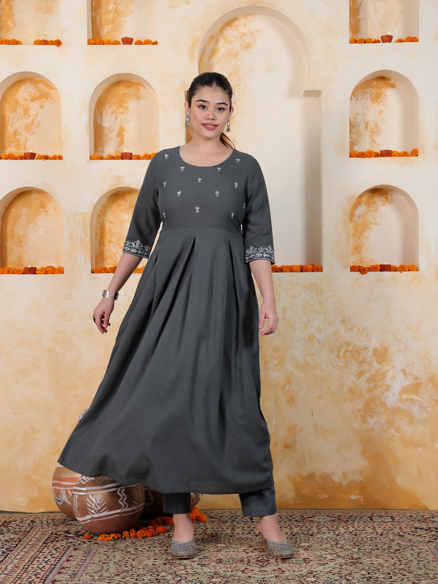 Embroidered Sage Green Solid Natural Cotton Pleated Kurta