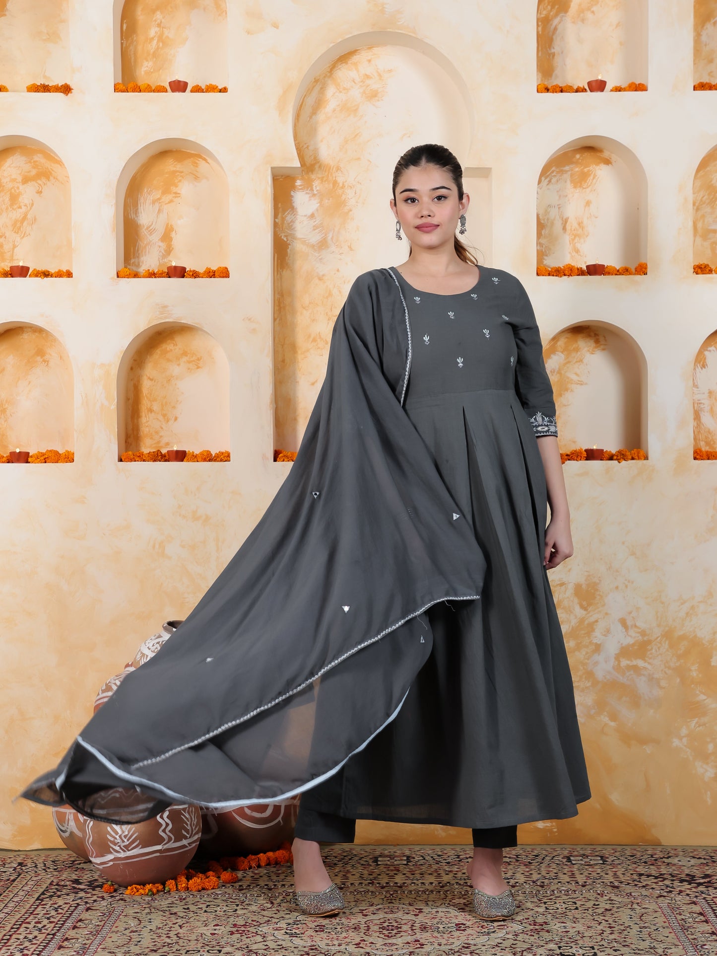 Embroidered Sage Green Solid Natural Cotton Pleated Kurta