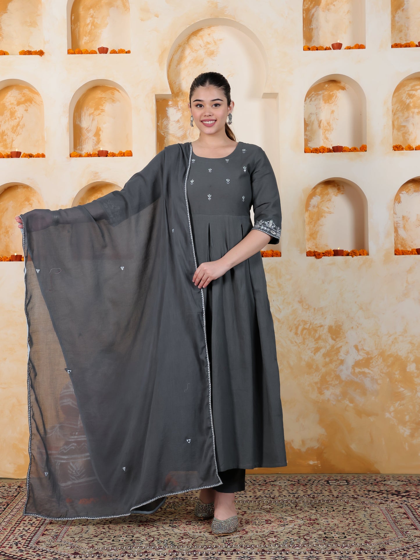 Embroidered Sage Green Solid Natural Cotton Pleated Kurta