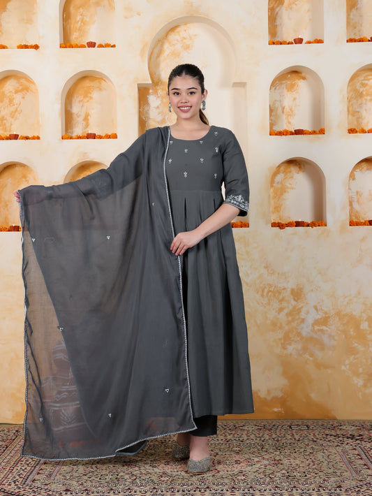 Embroidered Sage Green Solid Natural Cotton Pleated Kurta