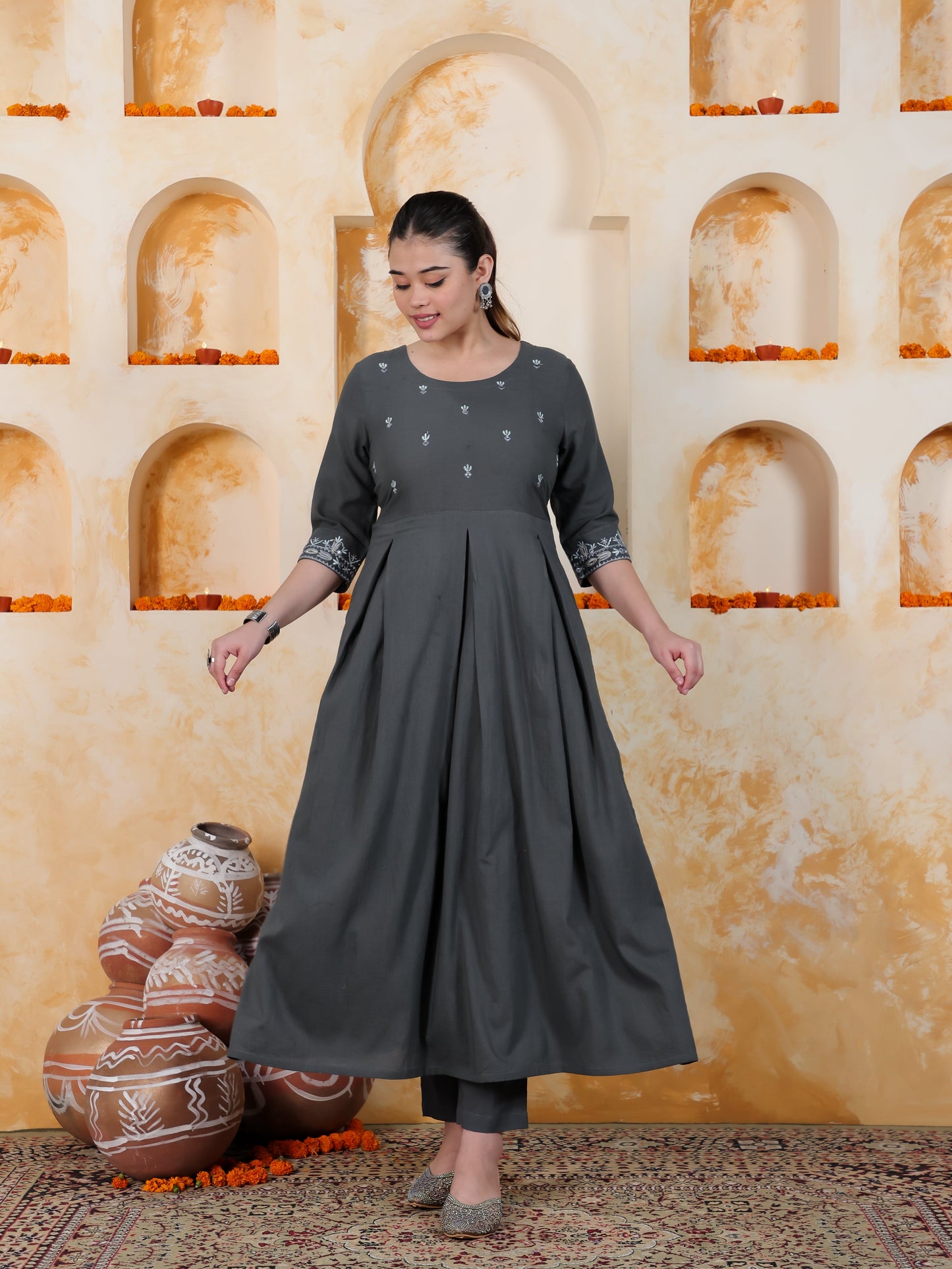 Embroidered Sage Green Solid Natural Cotton Pleated Kurta