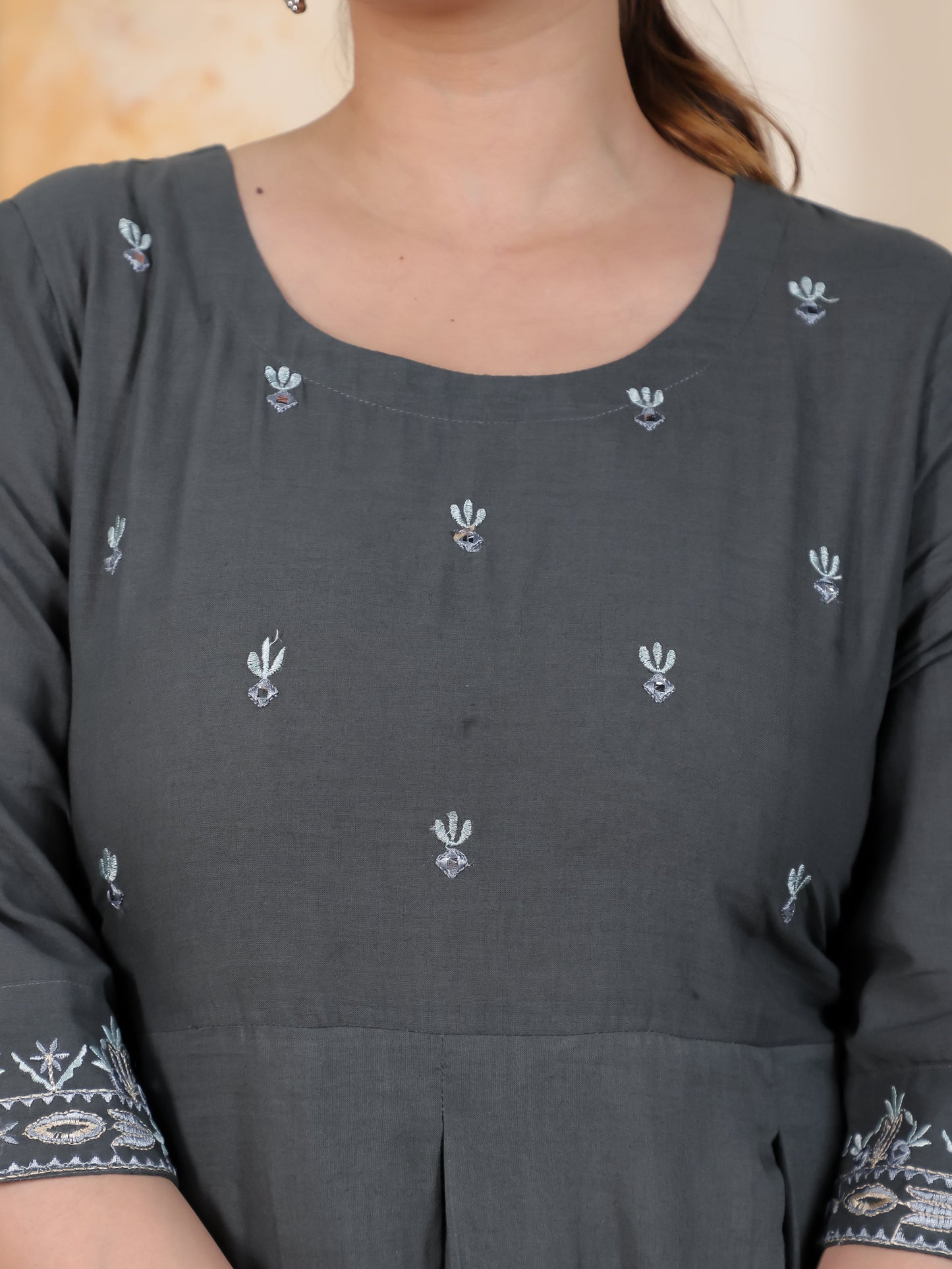 Embroidered Sage Green Solid Natural Cotton Pleated Kurta