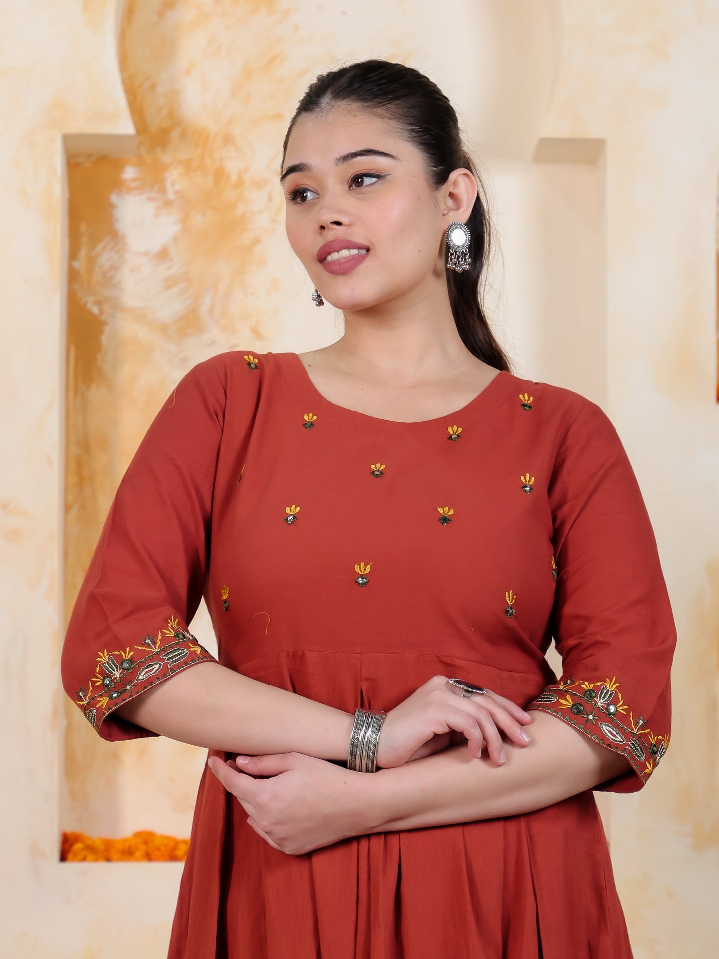 Embroidered Rust Solid Natural Cotton Pleated Kurta