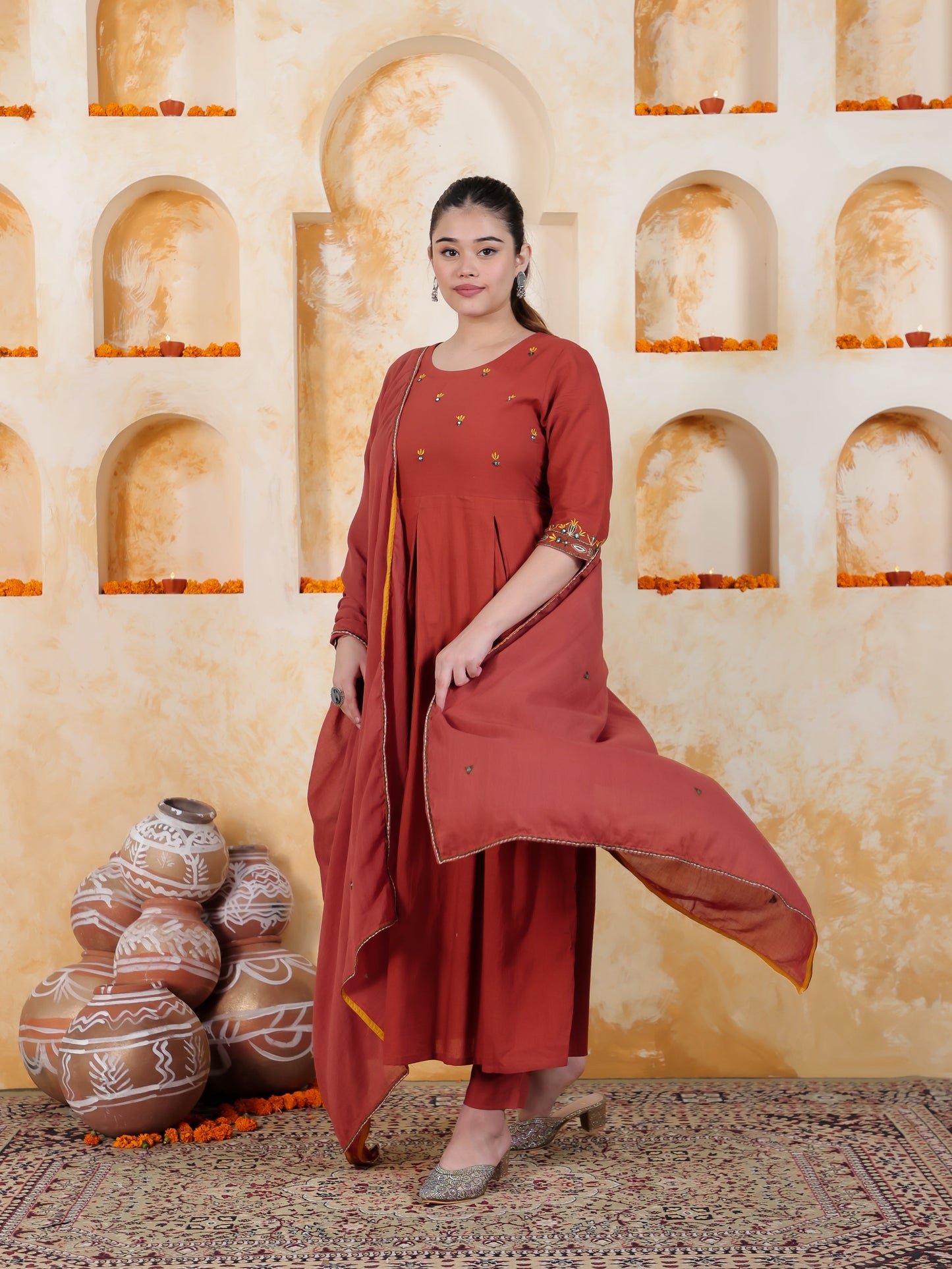 Embroidered Rust Solid Natural Cotton Pleated Kurta