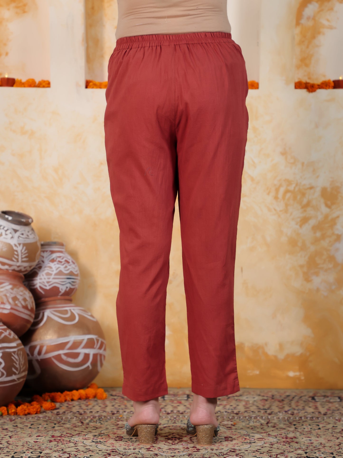 Embroidered Rust Solid Natural Cotton Pleated Kurta