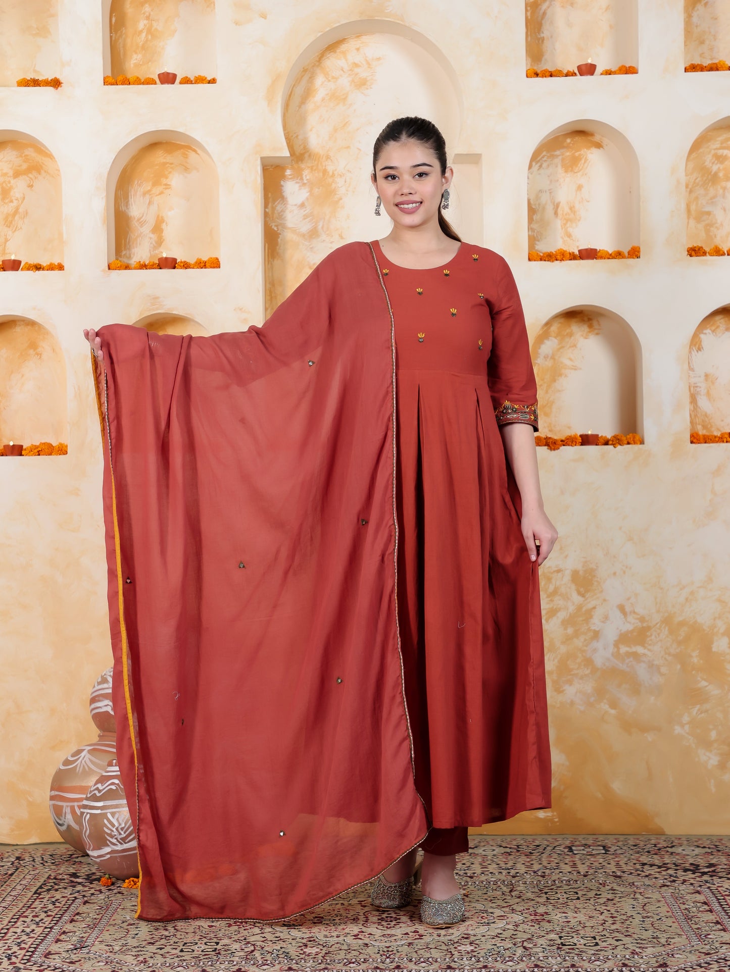Embroidered Rust Solid Natural Cotton Pleated Kurta