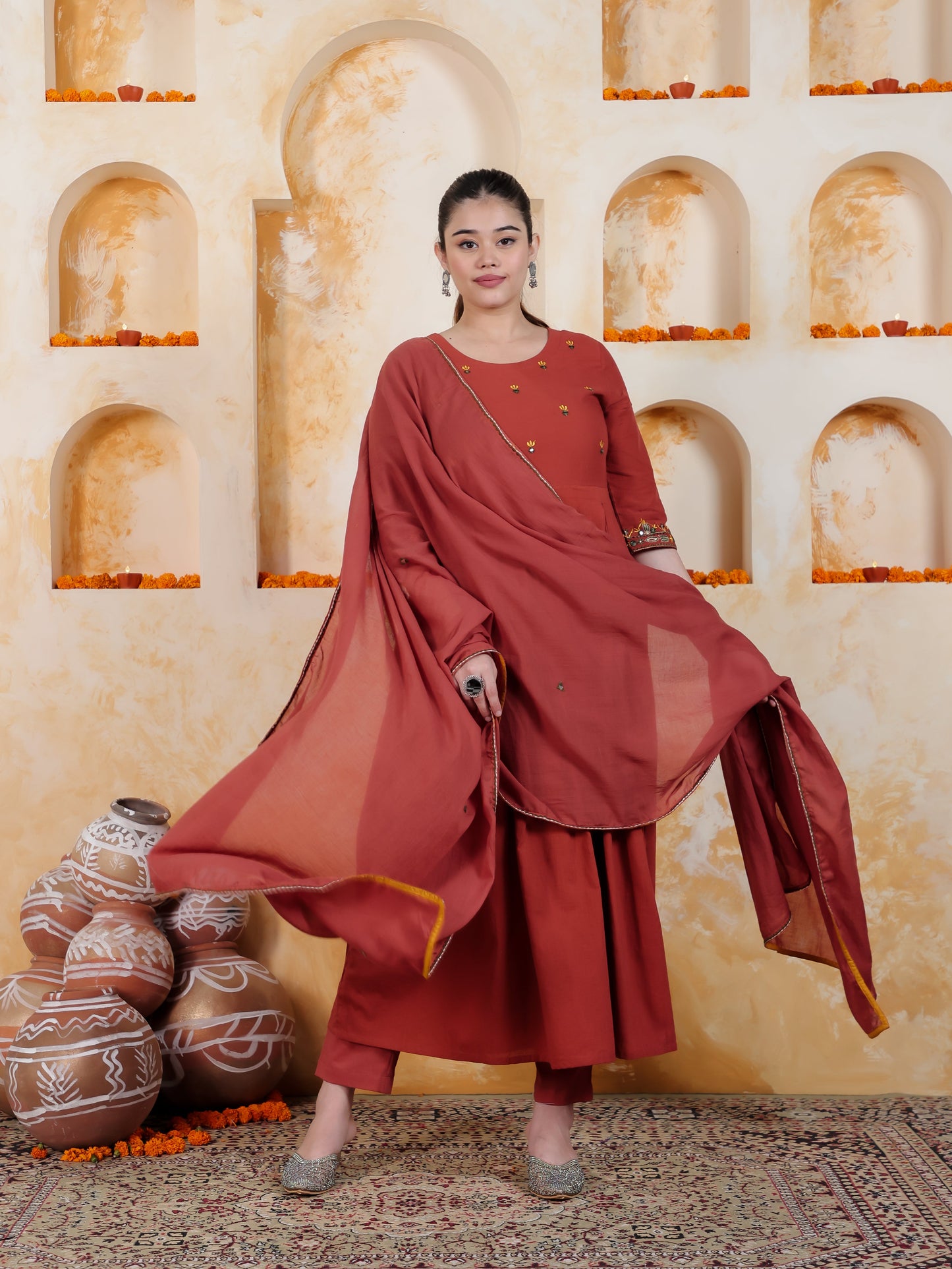 Embroidered Rust Solid Natural Cotton Pleated Kurta