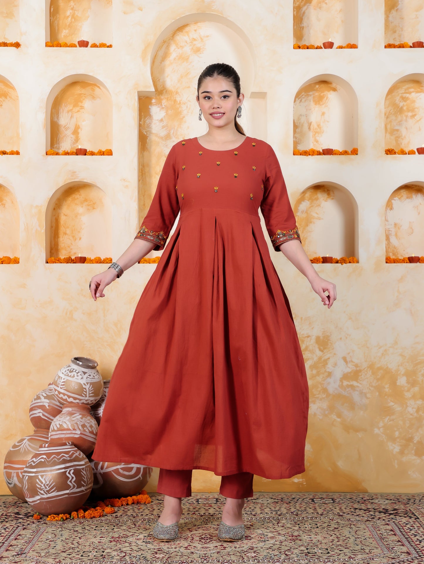 Embroidered Rust Solid Natural Cotton Pleated Kurta