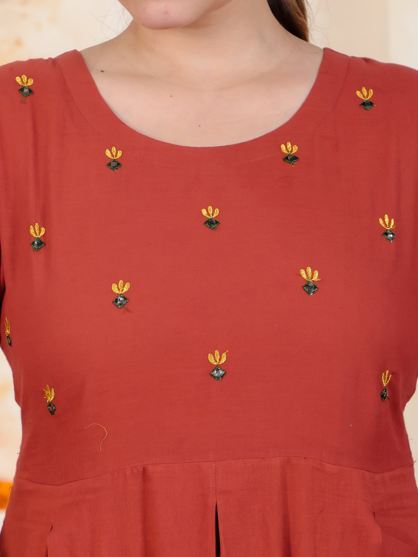 Embroidered Rust Solid Natural Cotton Pleated Kurta