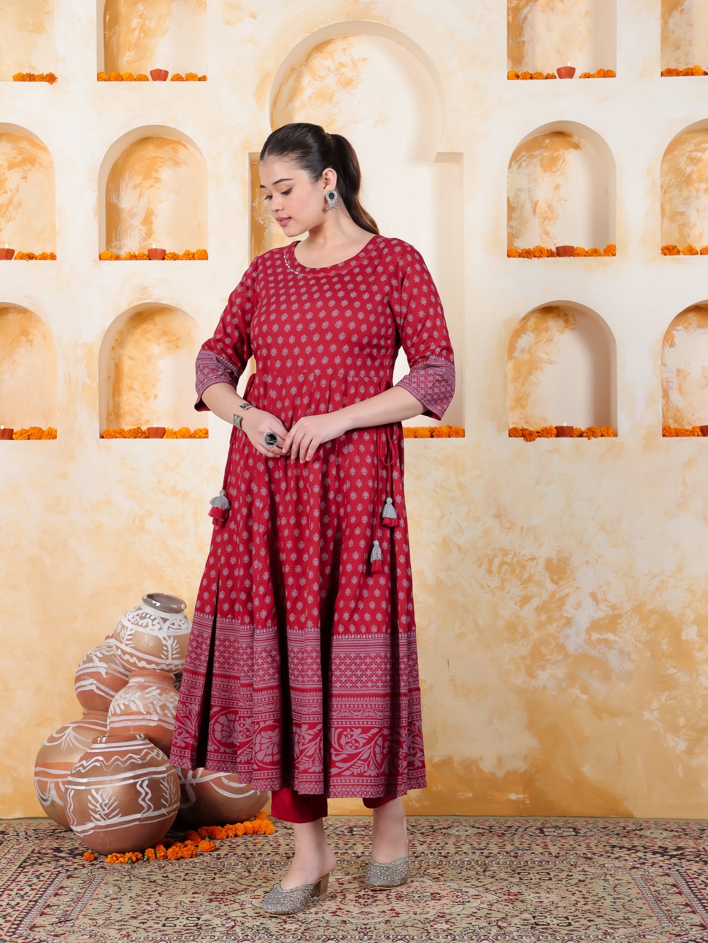 Kaantha Red Foil Viscose Kalidar Kurta