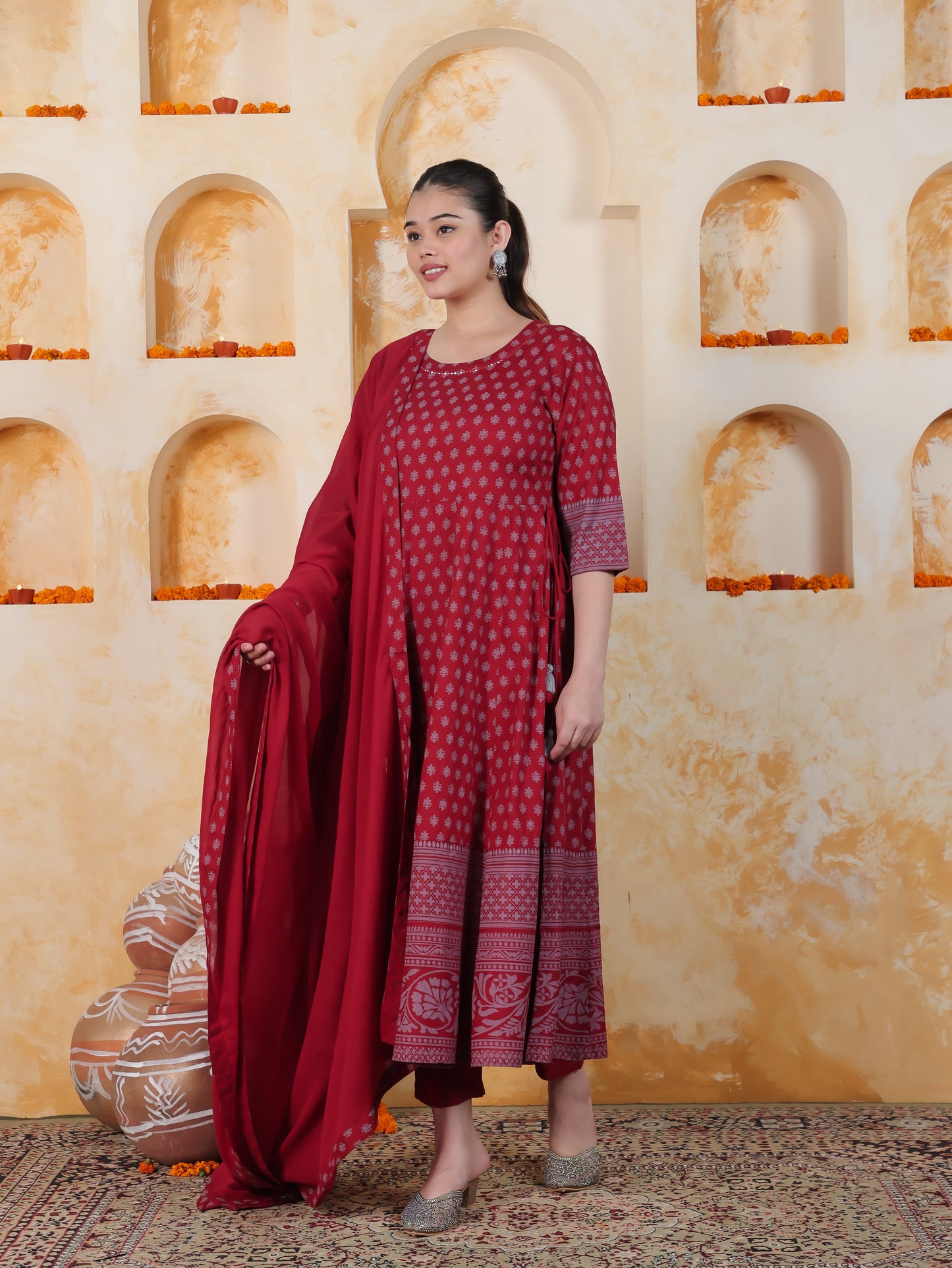 Kaantha Red Foil Viscose Kalidar Kurta