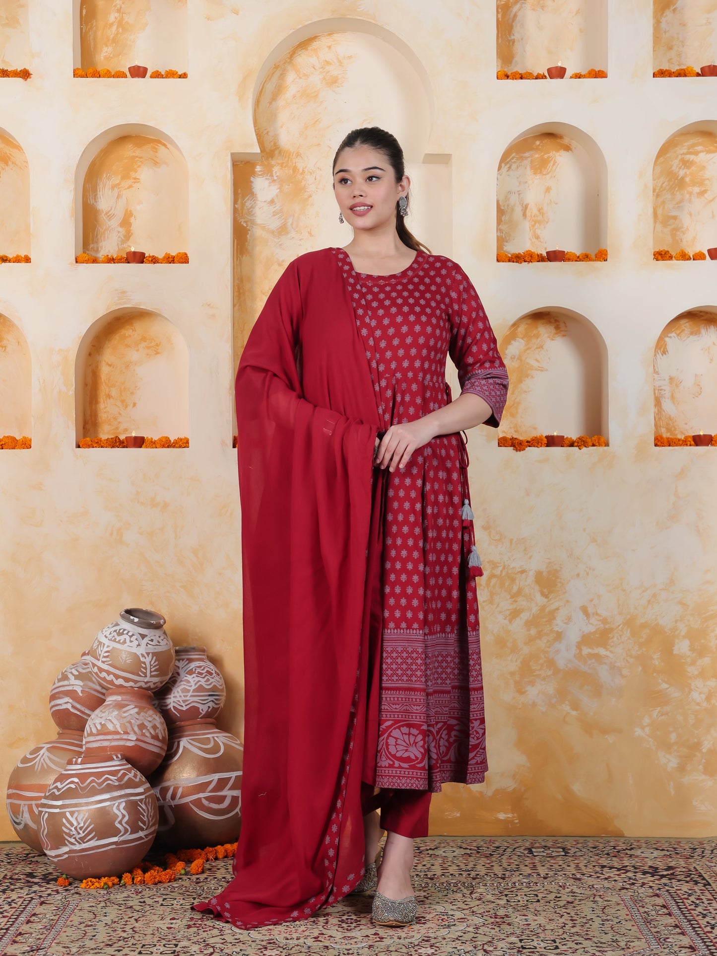 Kaantha Red Foil Viscose Kalidar Kurta