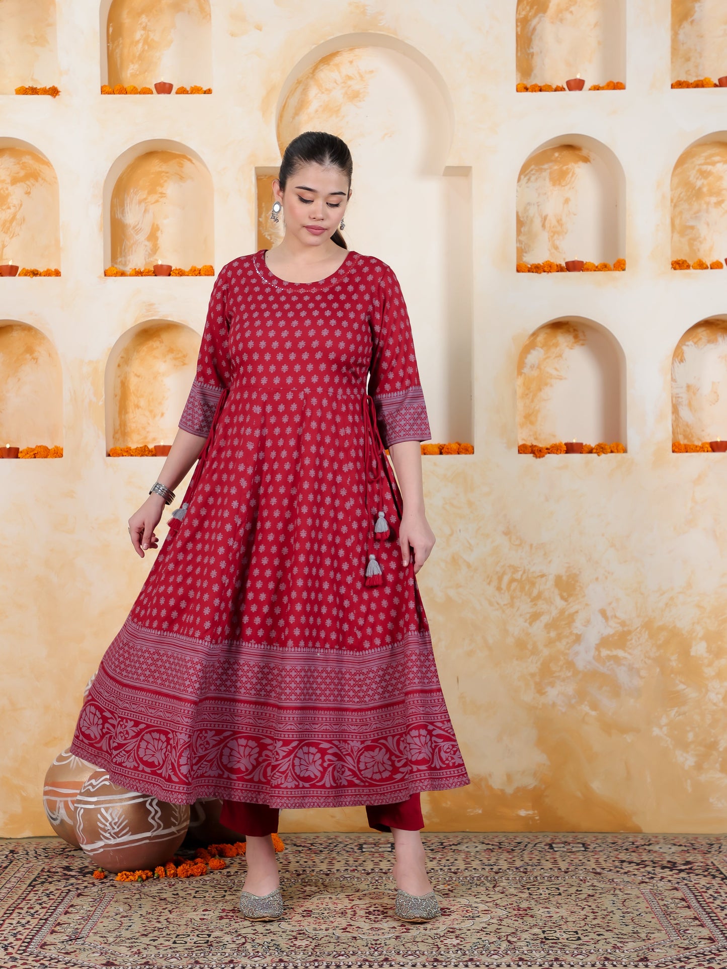 Kaantha Red Foil Viscose Kalidar Kurta