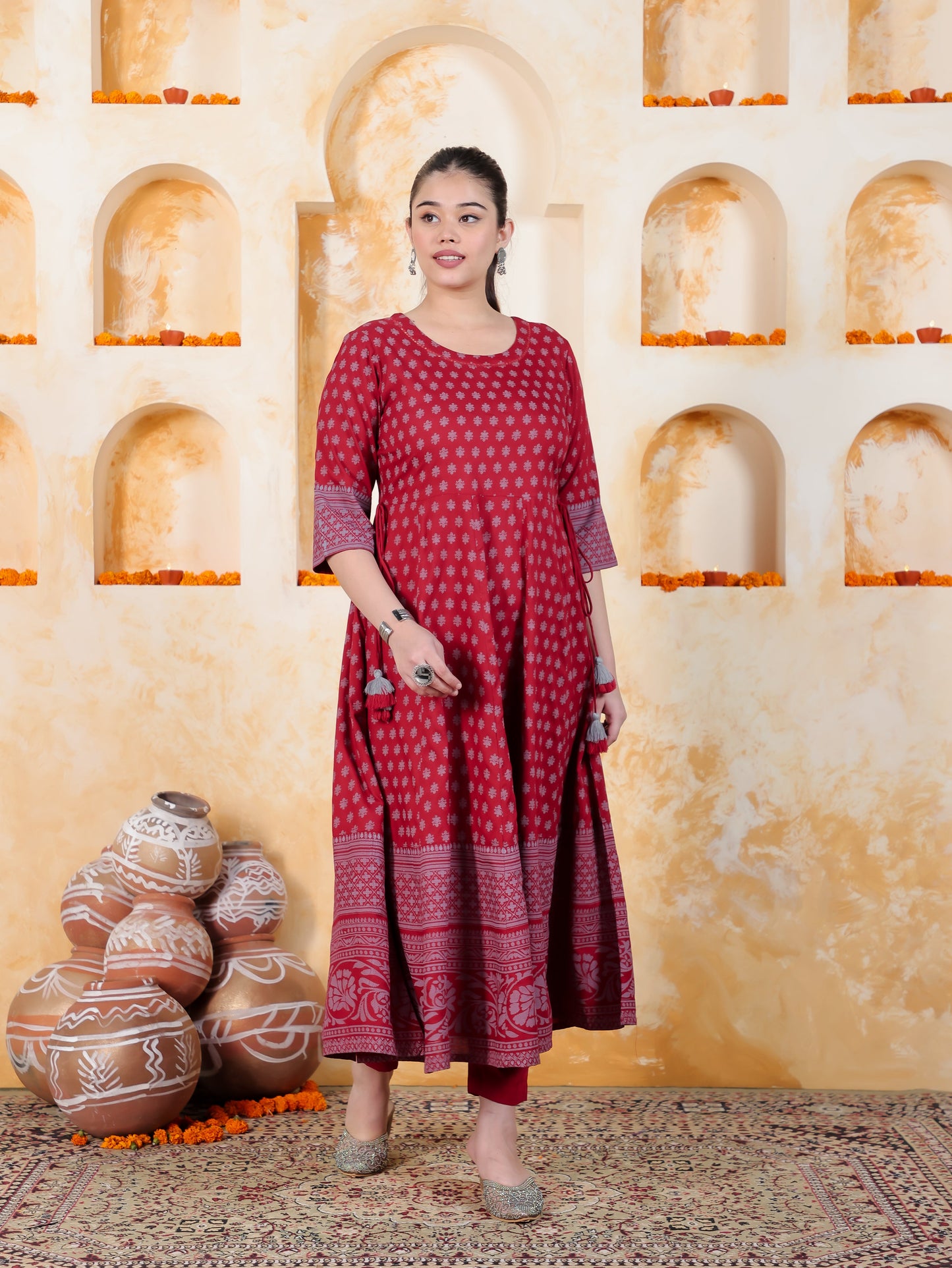 Kaantha Red Foil Viscose Kalidar Kurta