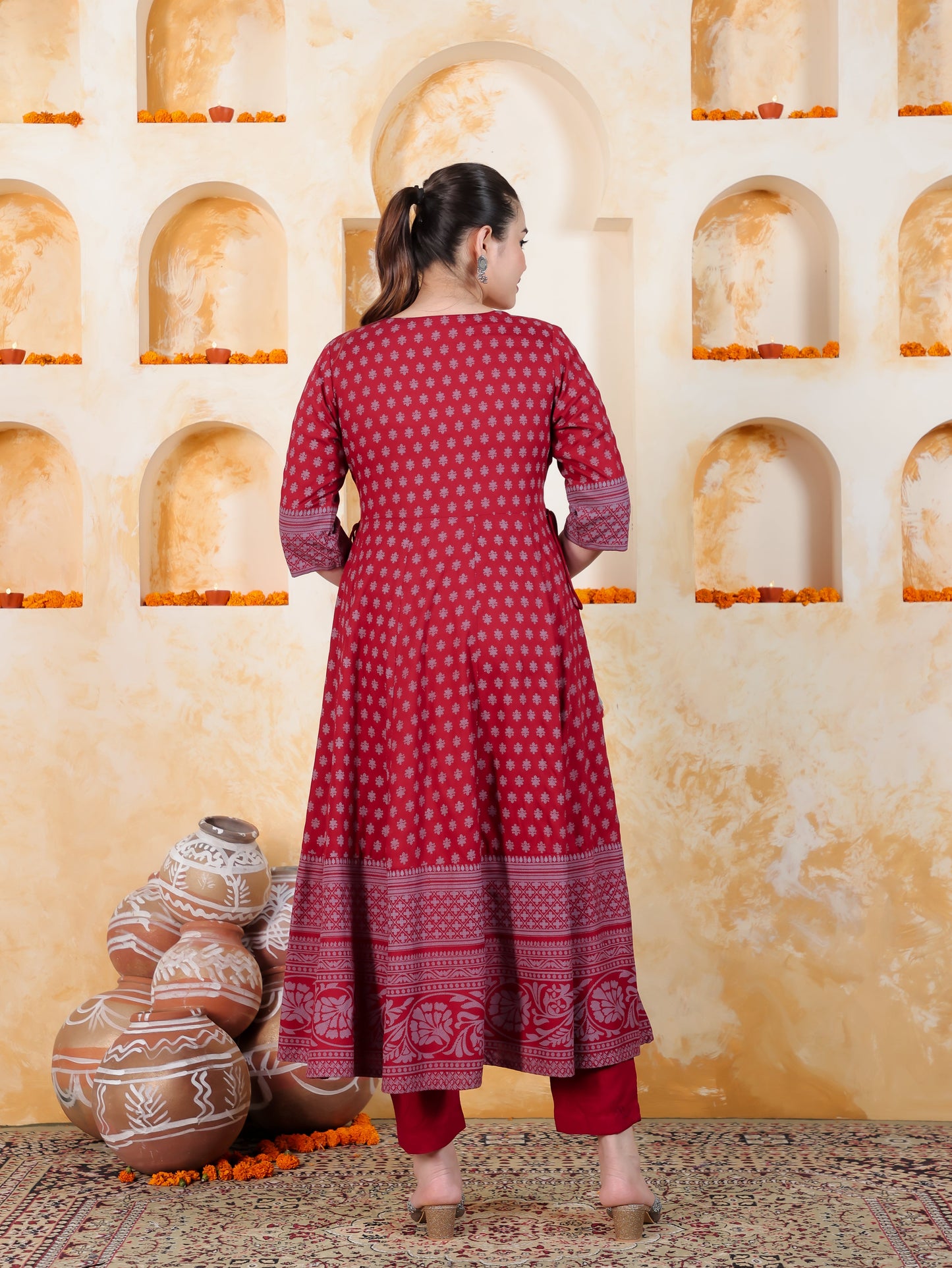 Kaantha Red Foil Viscose Kalidar Kurta