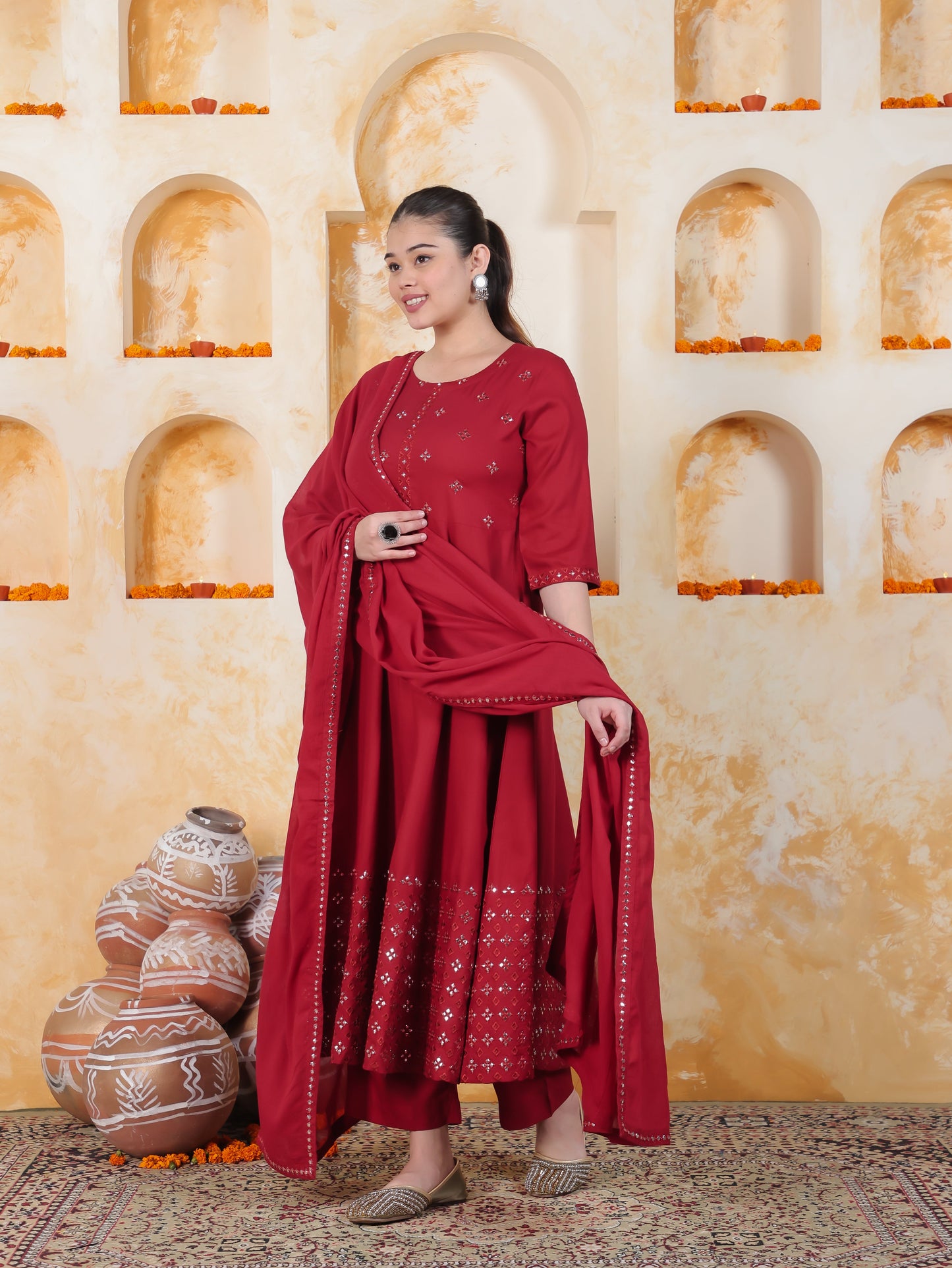 Mirror Work Red Solid Viscose Kalidar Kurta