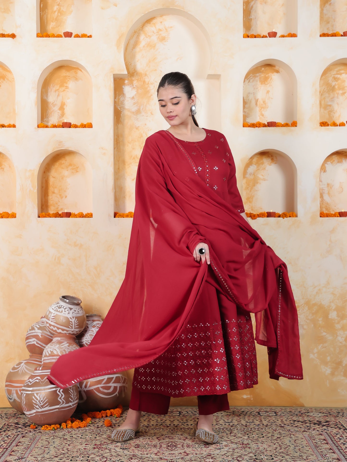 Mirror Work Red Solid Viscose Kalidar Kurta