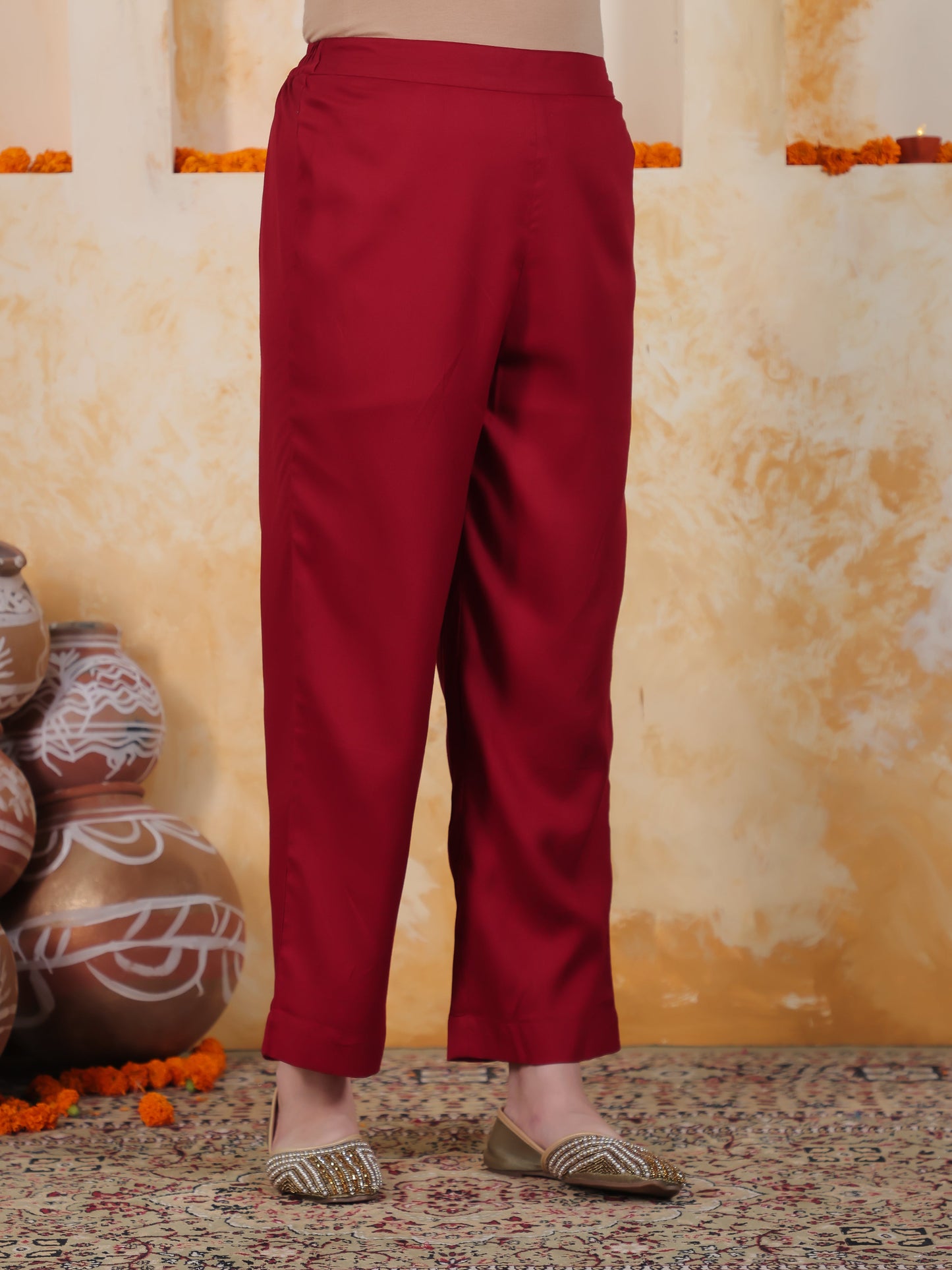 Mirror Work Red Solid Viscose Kalidar Kurta