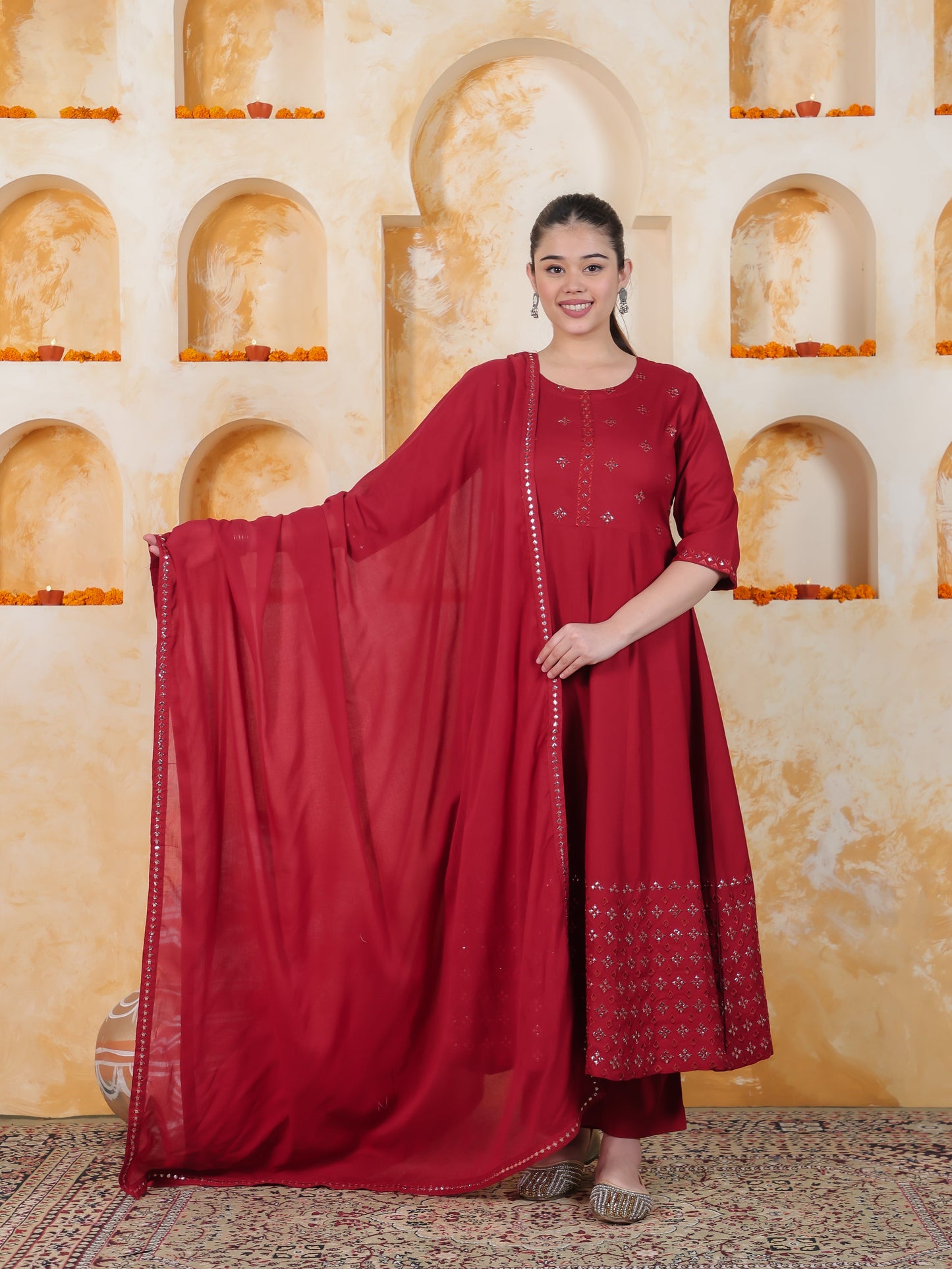 Mirror Work Red Solid Viscose Kalidar Kurta