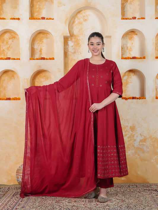 Mirror Work Red Solid Viscose Kalidar Kurta