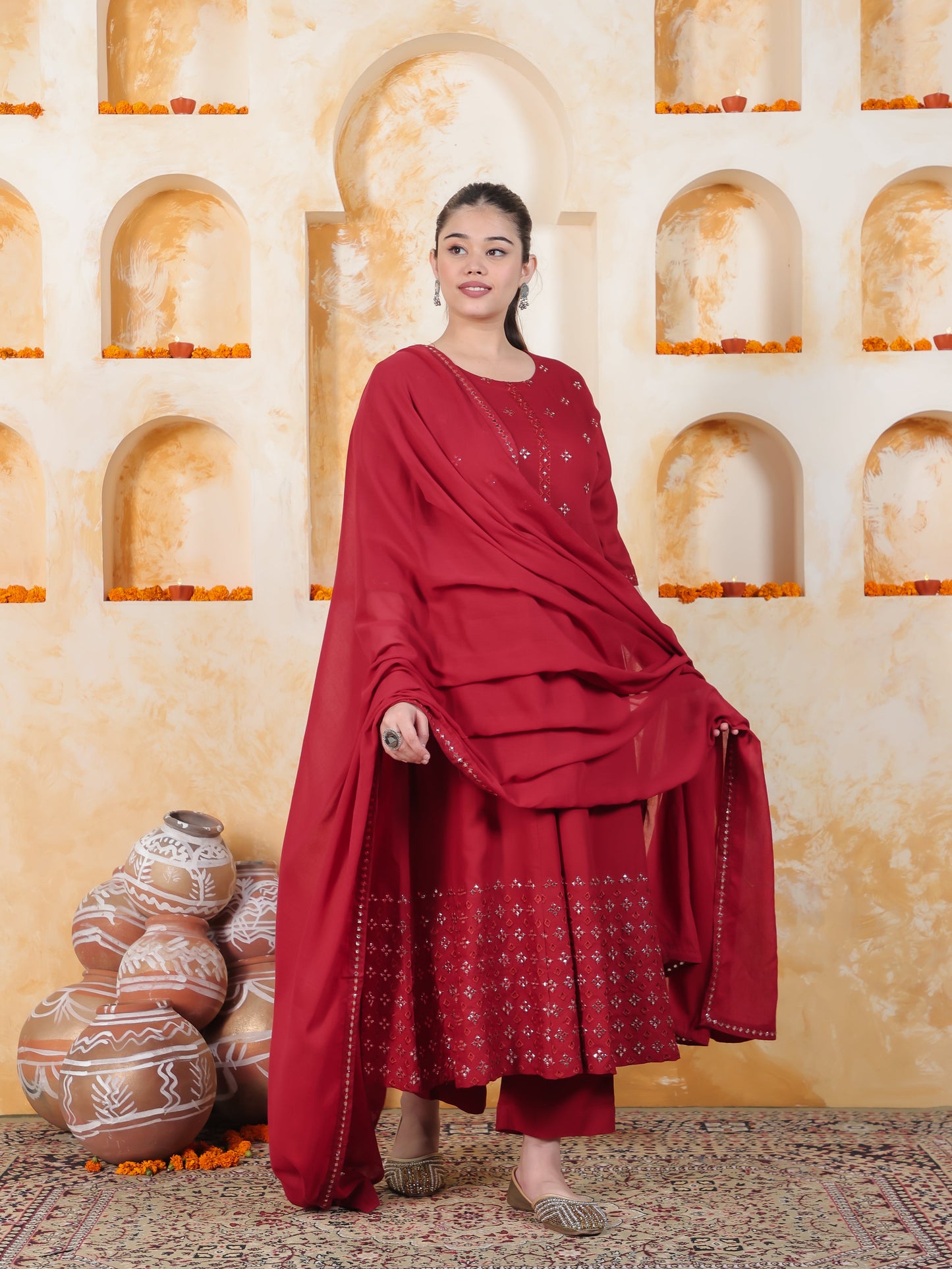Mirror Work Red Solid Viscose Kalidar Kurta